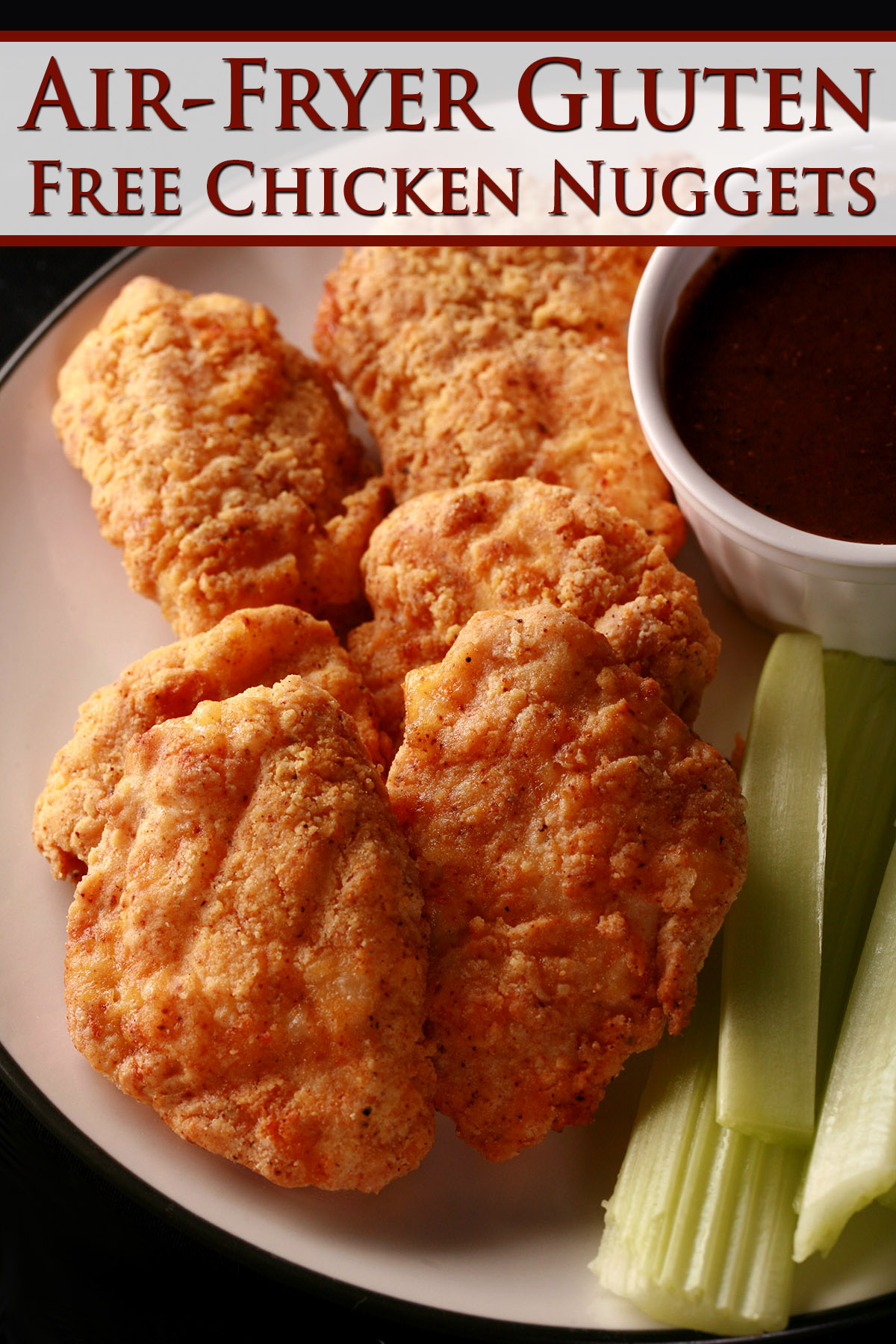 A plate of air fried gluten-free chicken nuggets, celery, and dip.