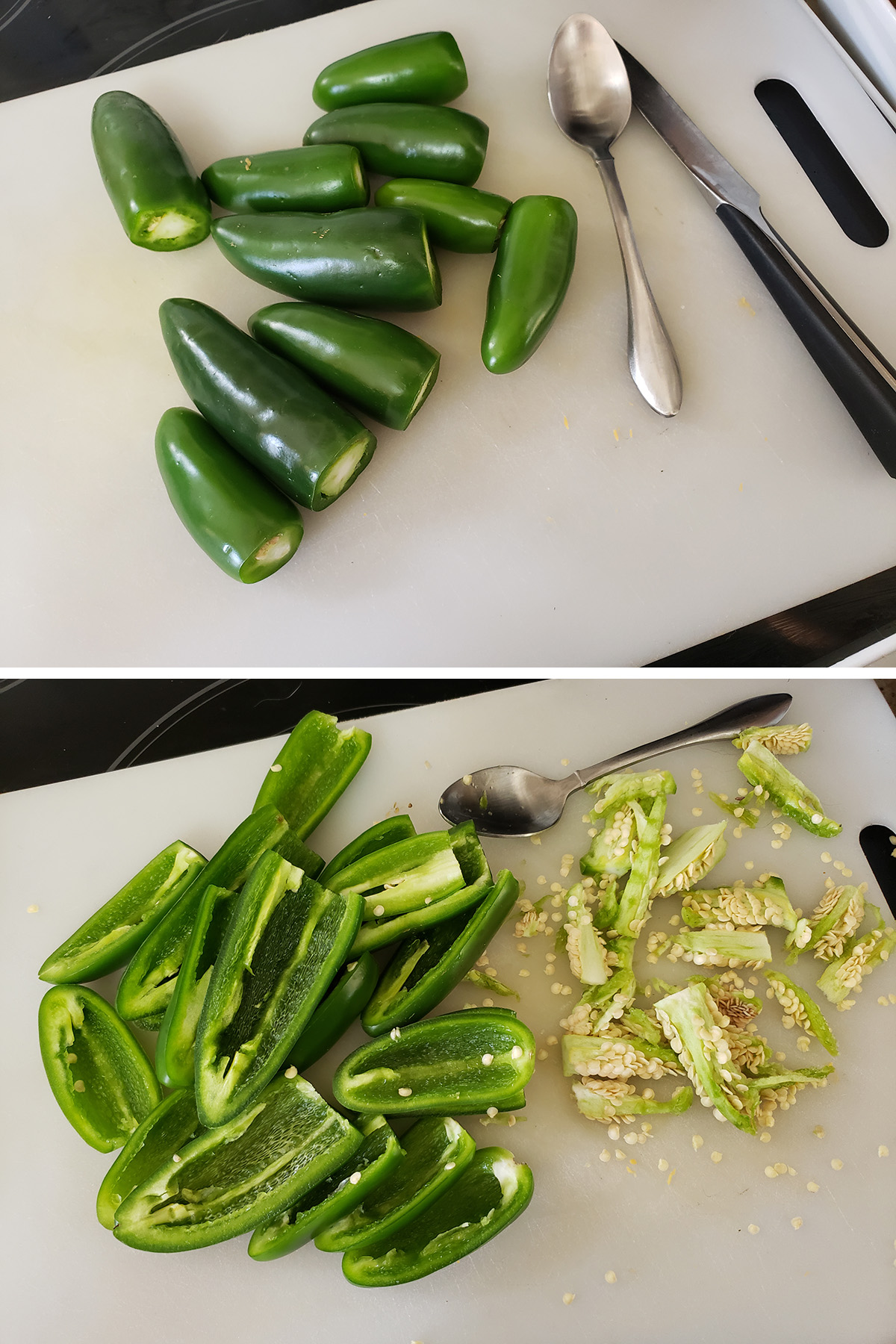 A two part compilation image showing jalapenos on a cutting board, before and after being cut in half and scooped out.
