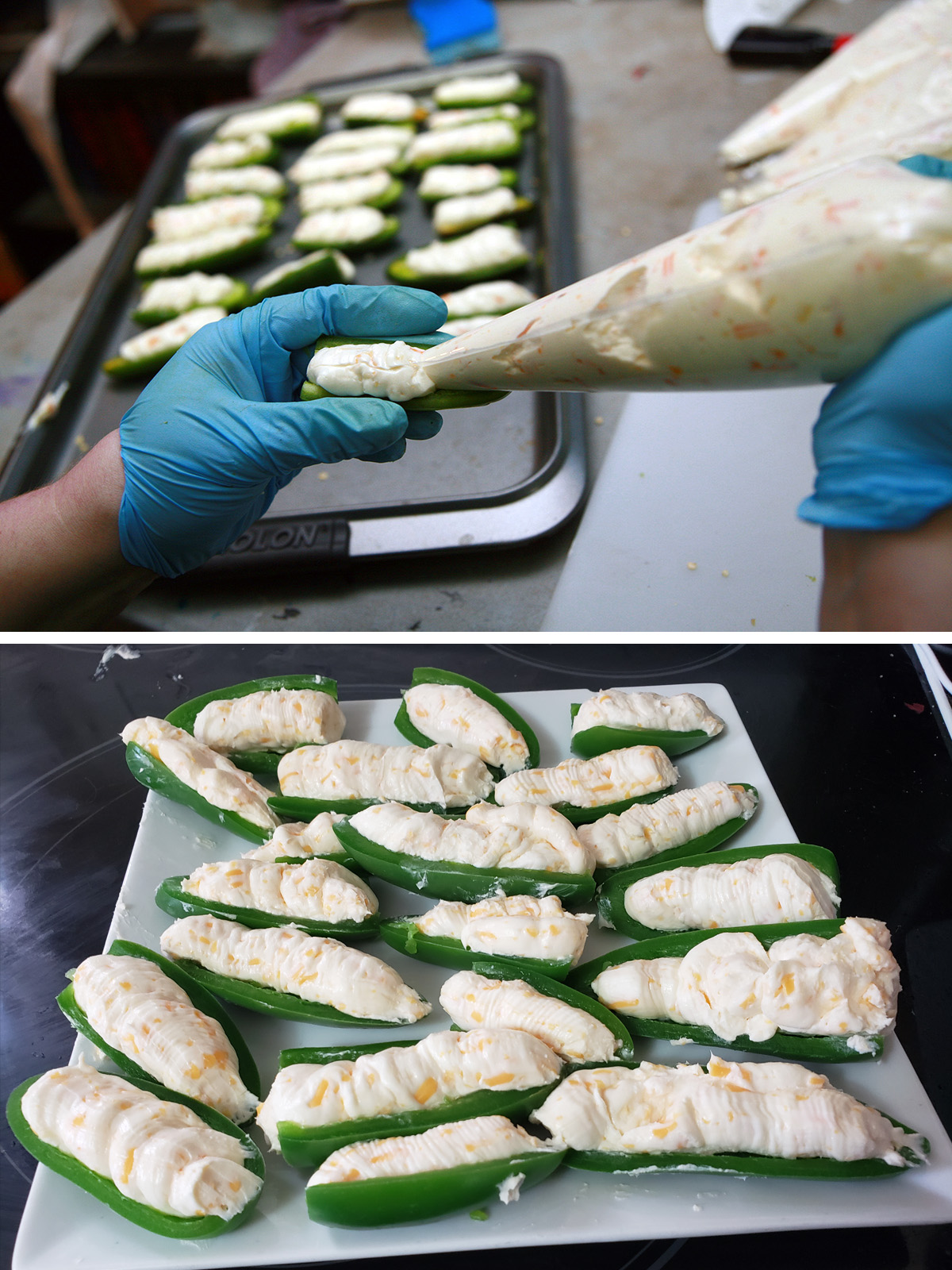 A two part compilation image showing filling being piped into jalapeno haves, and a plate of filled jalapeno halves