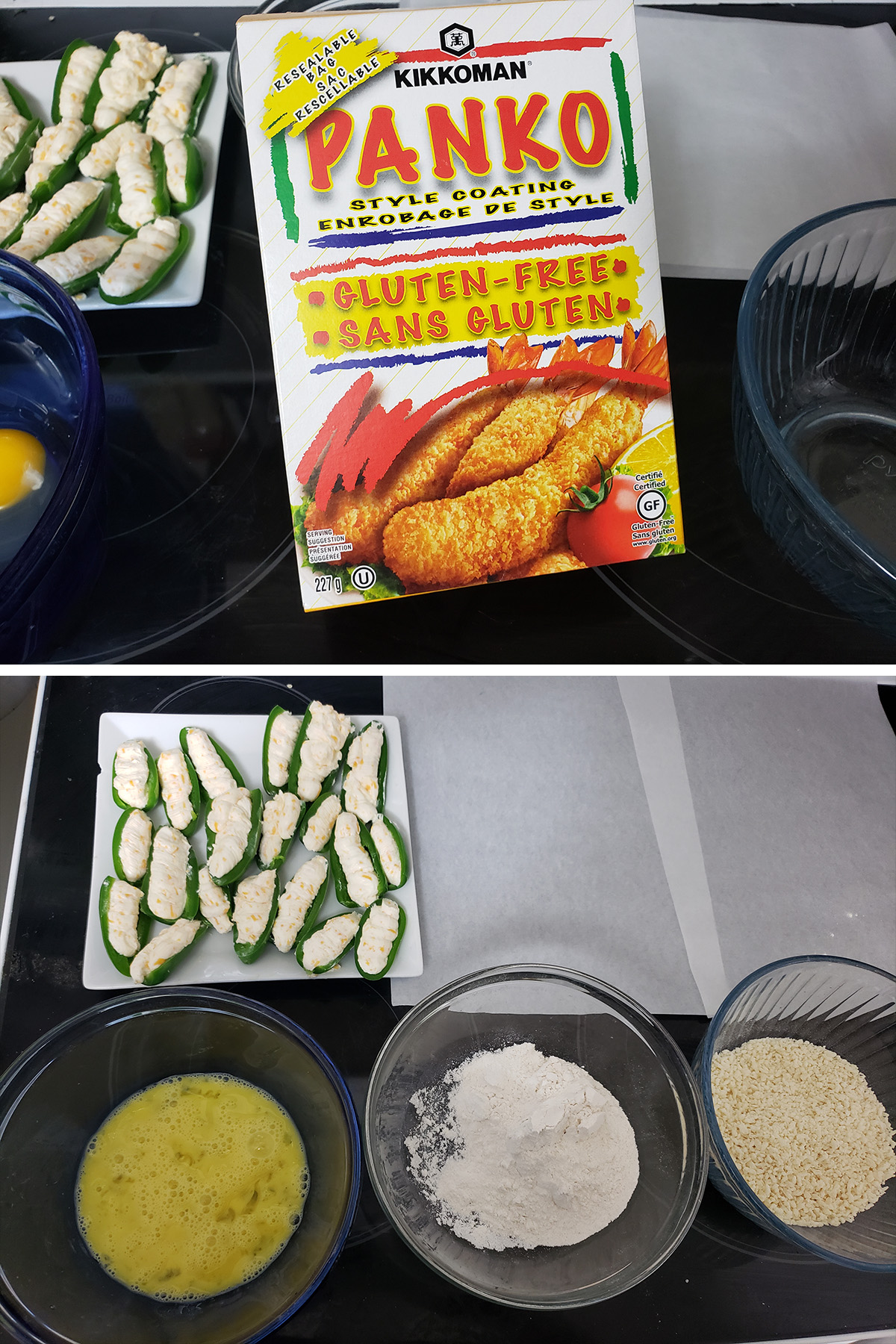 A two part compilation image showing a box of gluten-free panko crumbs, and a set up of 3 bowls with egg, flour, and panko in them.