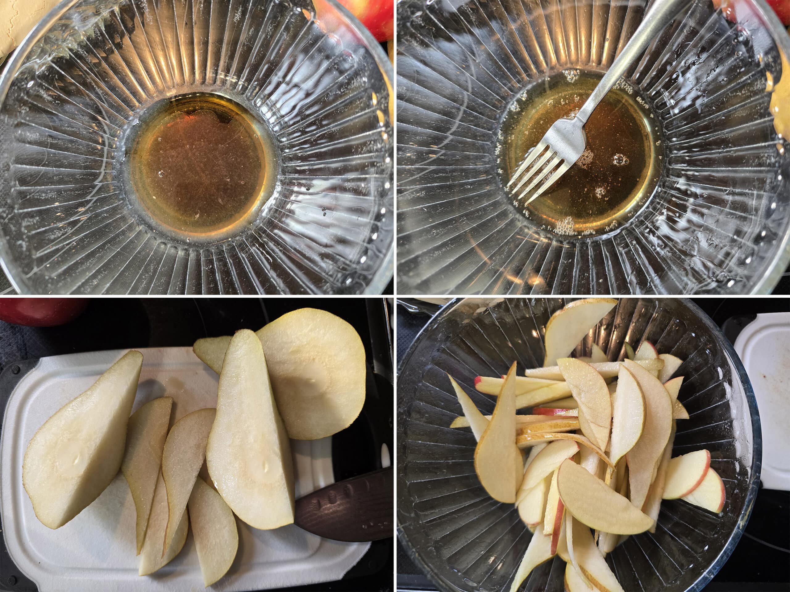 4 part image showing the maple syrup and lemon juice being mixed, a pear being thinly sliced, and pear and apple sliced being tossed with the maple lemon mixture.