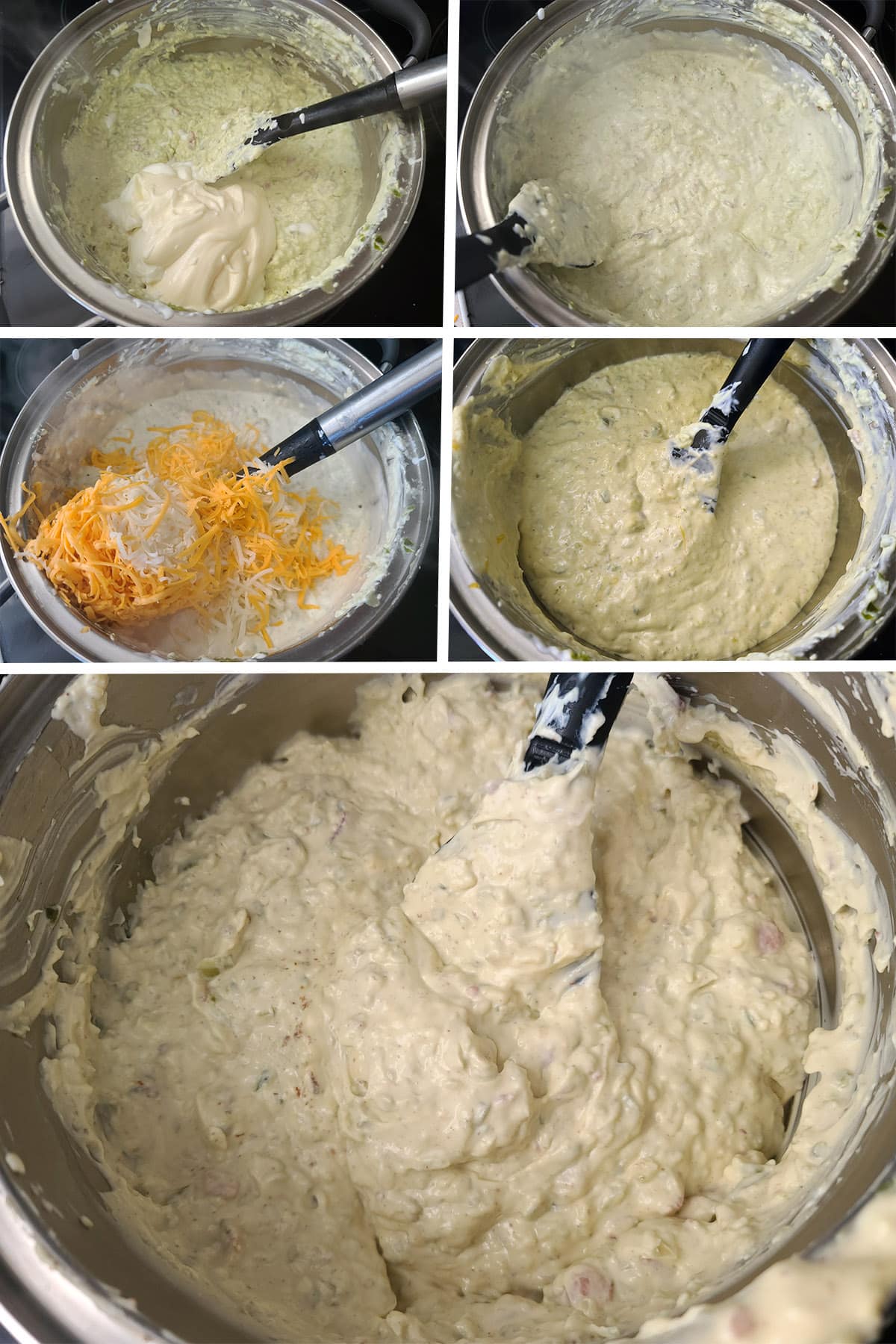 A 5 part image showing the mayo, sour cream, and shredded cheese being added to the pot.
