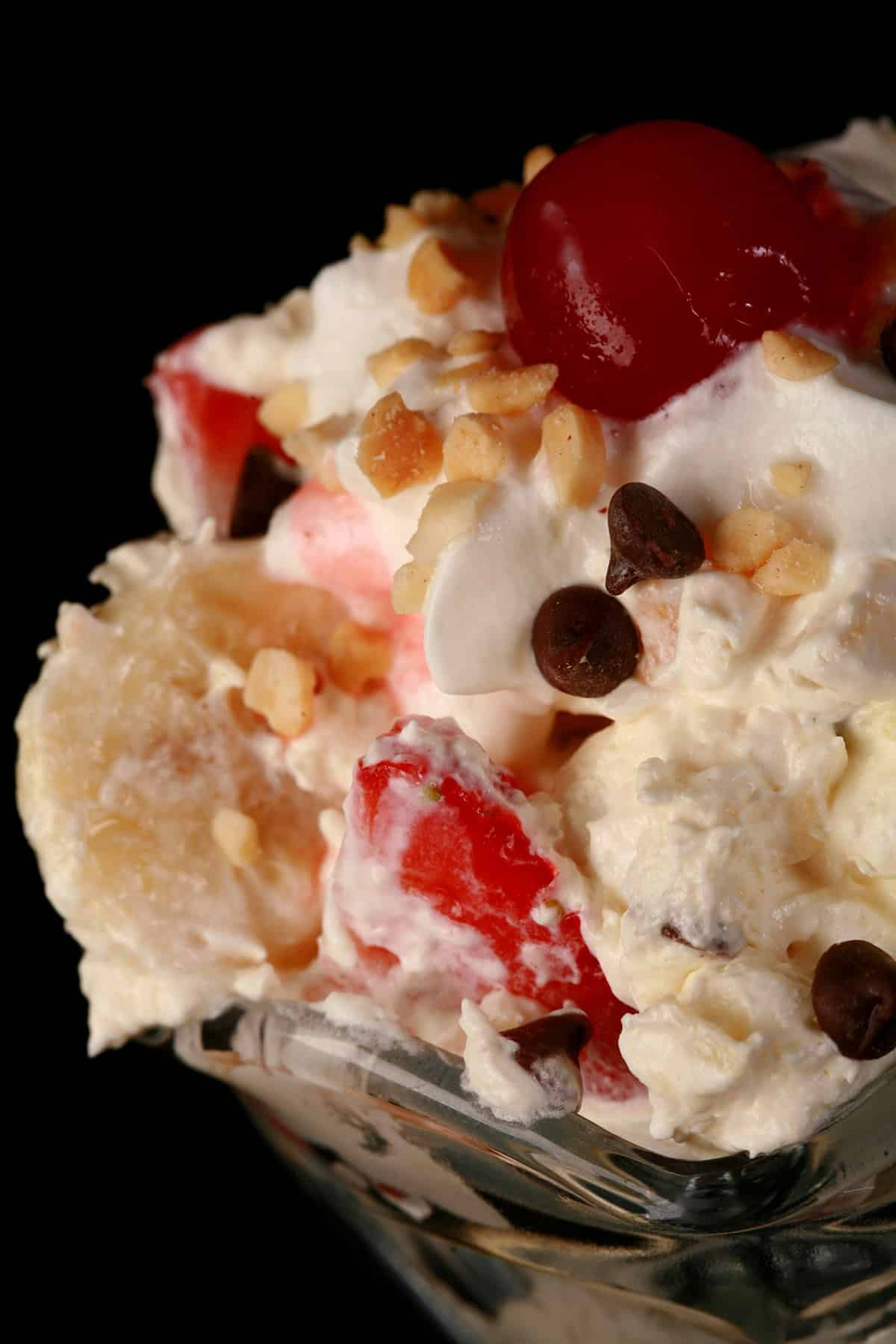 Banana Split Fluff Salad in a glass bowl