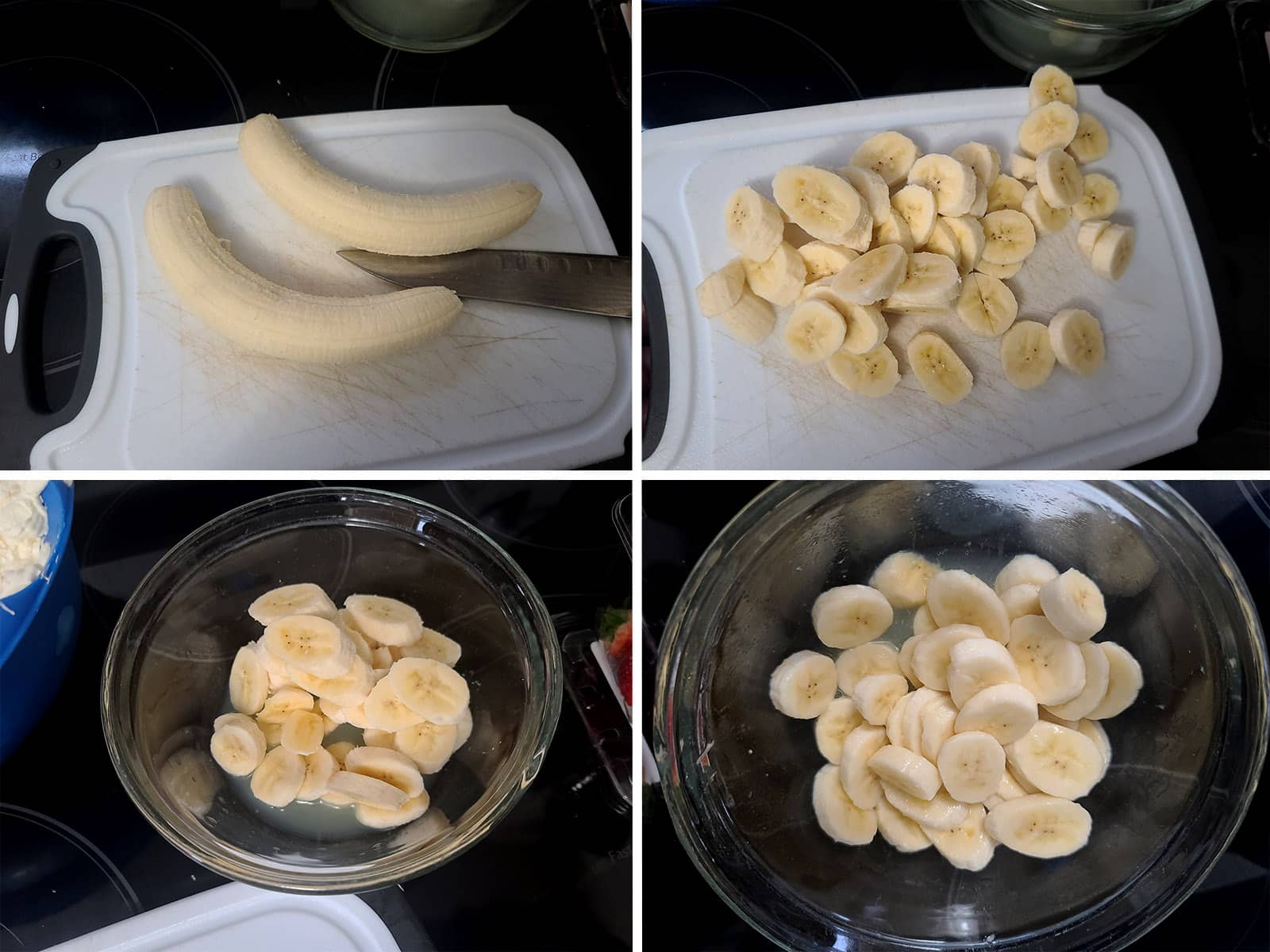 A 4 part image showing the bananas being sliced and tossed with lemon juice.