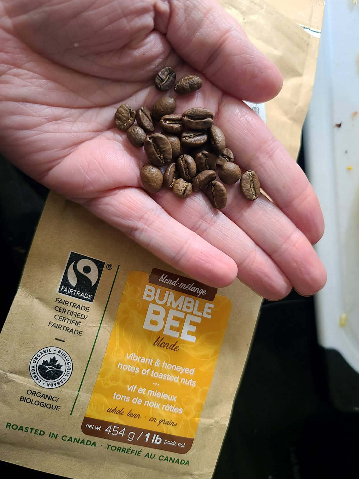 A hand holds some blonde roast coffee beans.