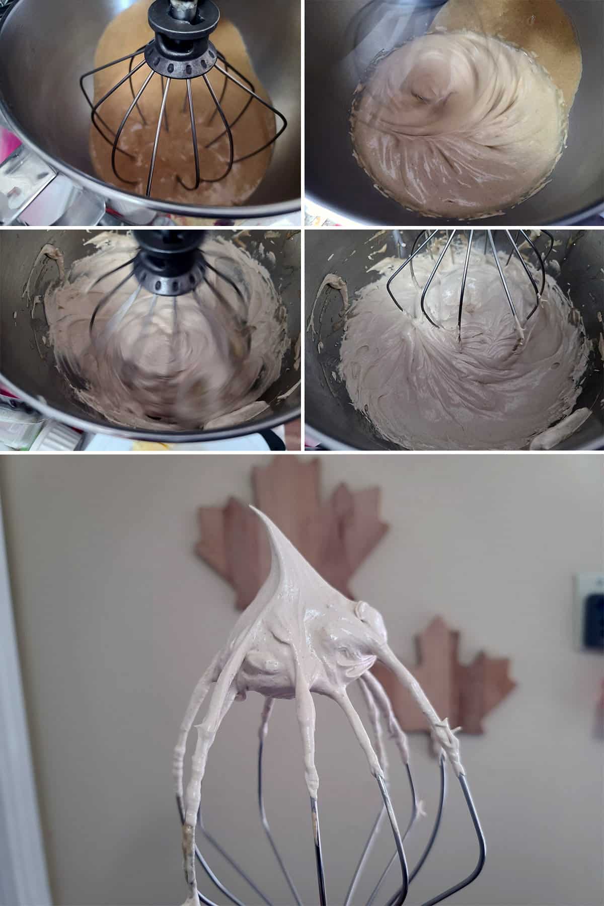 A 5 part image showing the cooked brown sugar meringue being whipped to stiff peaks stage.