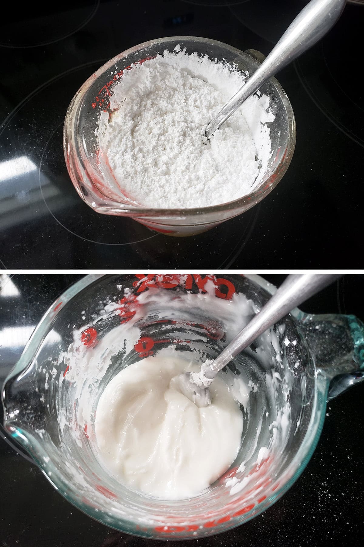 A two part compilation image showing a measuring cup of powdered sugar, and the same cup with a white glaze in it.
