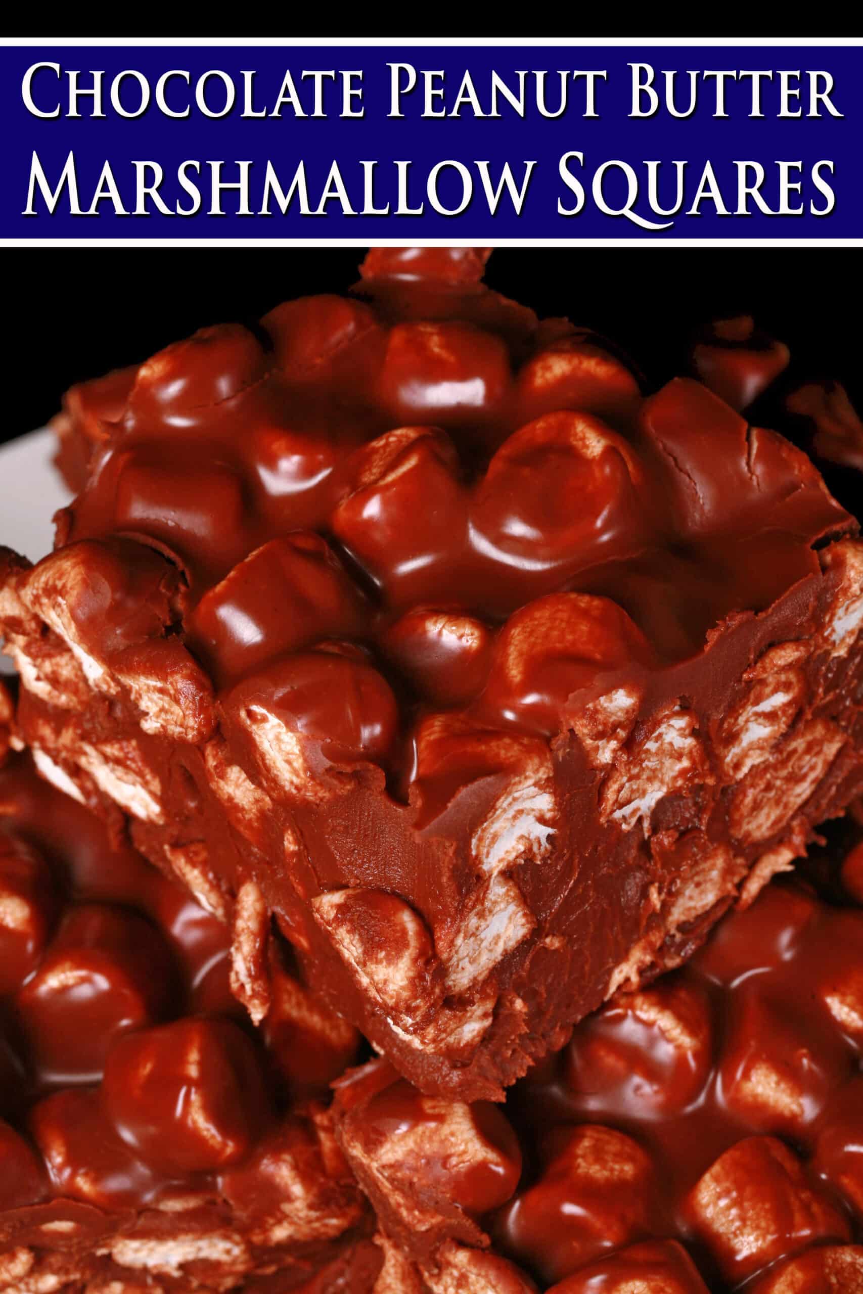 A plate of chocolate confetti bars - Basically a chocolate fudge with mini marshmallows throughout.. Overlaid text says chocolate peanut butter marshmallow squares.