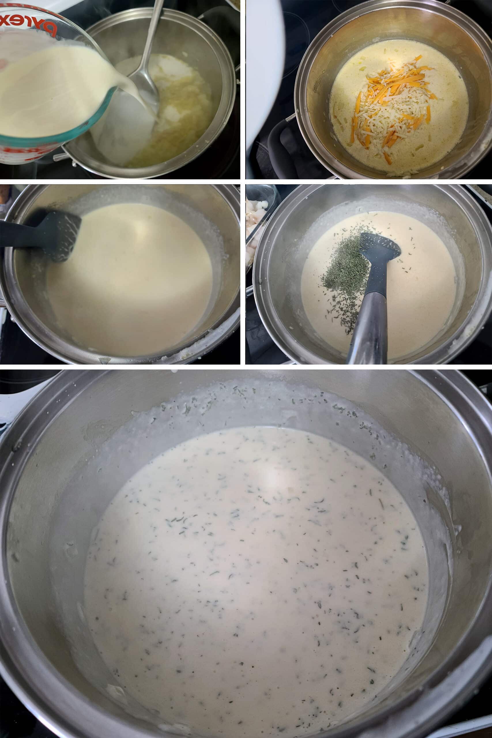 A 5 part image showing the milk, cheese, and seasonings being added.