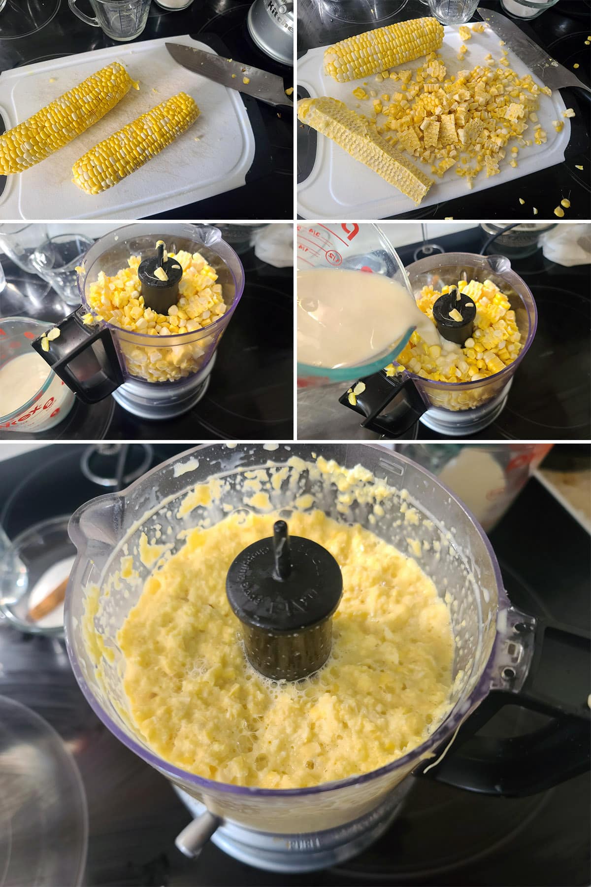 A 5 part image showing the corn kernels being cut from the cob and pureed with milk.