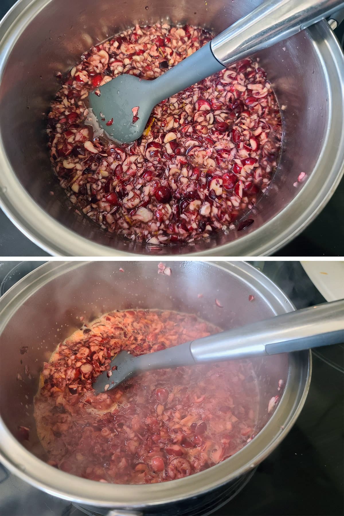 Cranberries and juice in a pan, being cooked down.