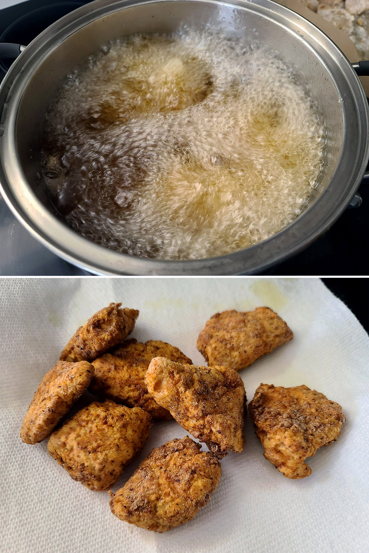 Gluten-free chicken nuggets cooking in boiling oil, and draining on paper towels.