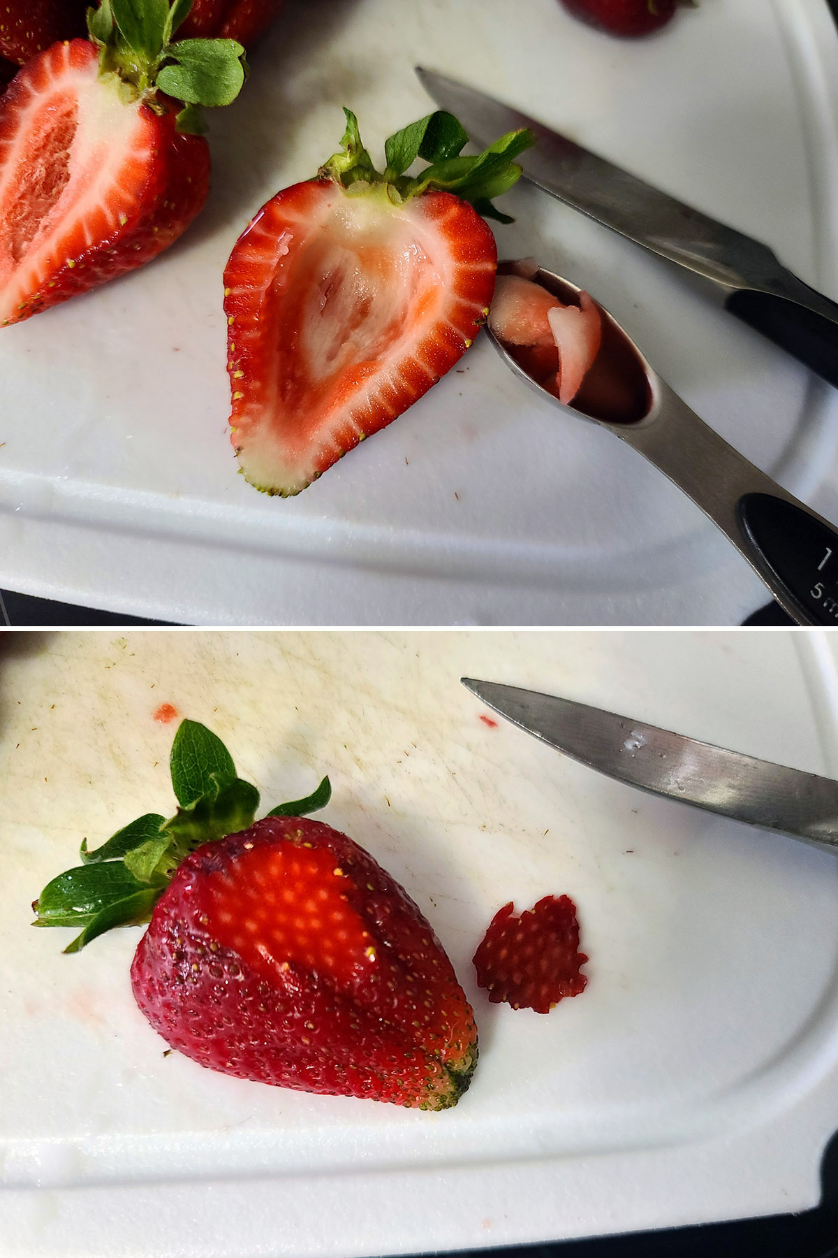 A 2 part image showing the a strawberry half being scooped out, and a slice cut from the back.
