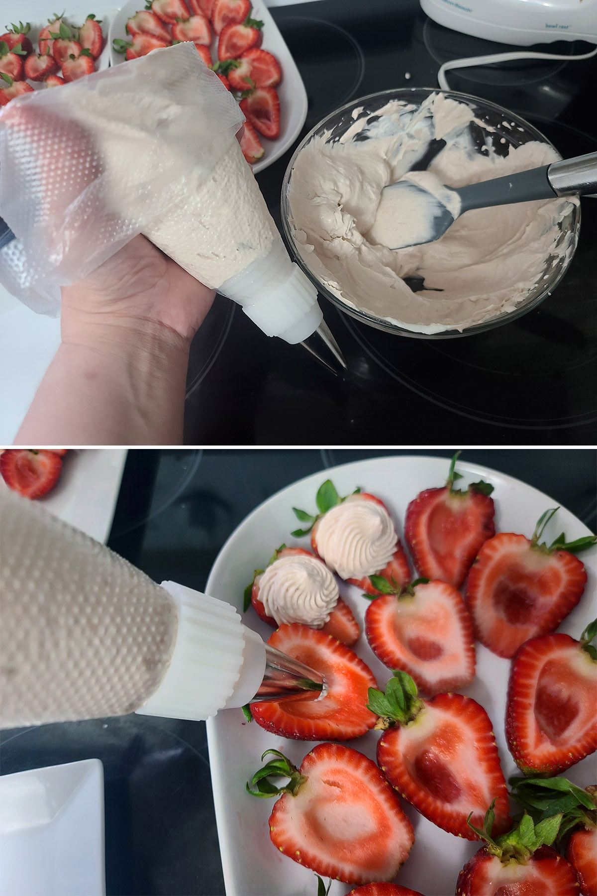 A 2 part image showing the filling in a piping bag, being piped into the prepared strawberries.