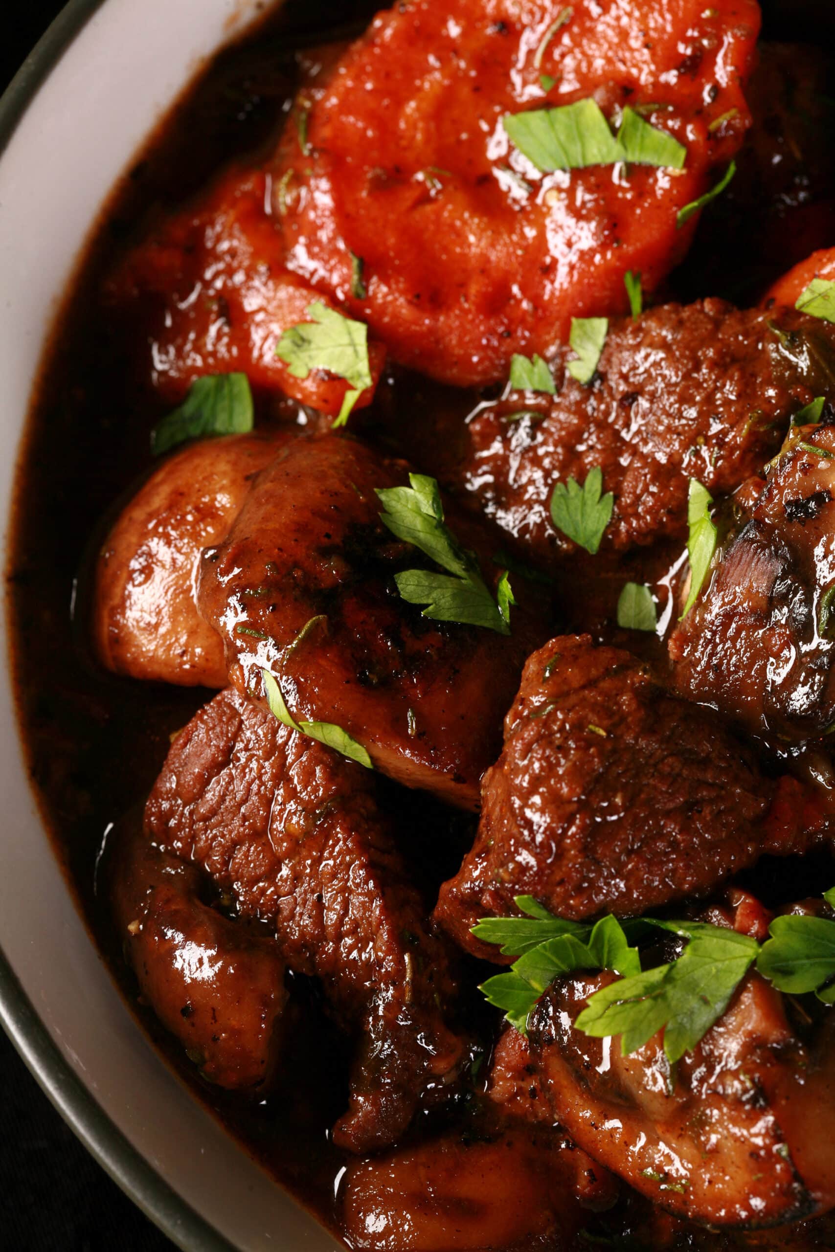 A bowl of elk bourguignon.