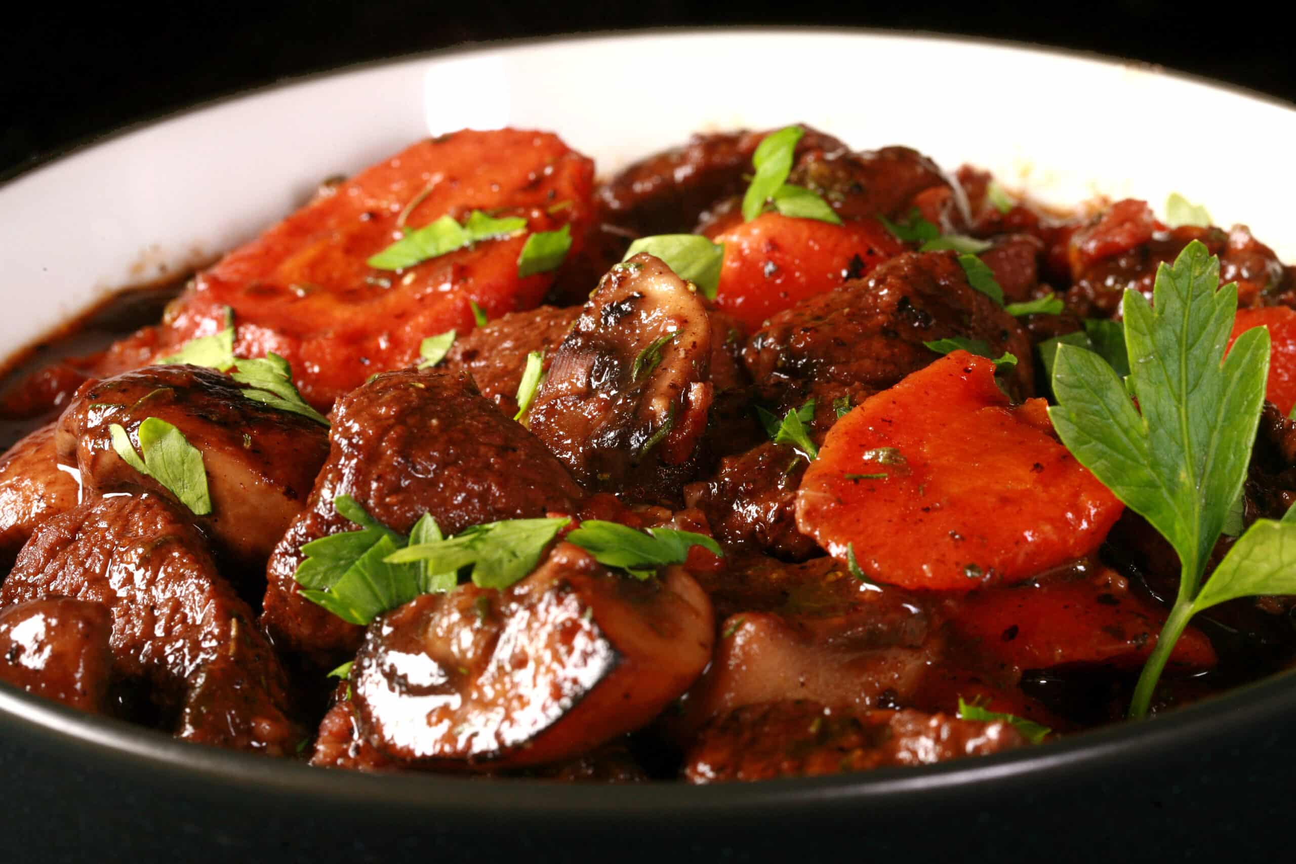 A bowl of elk bourguignon.