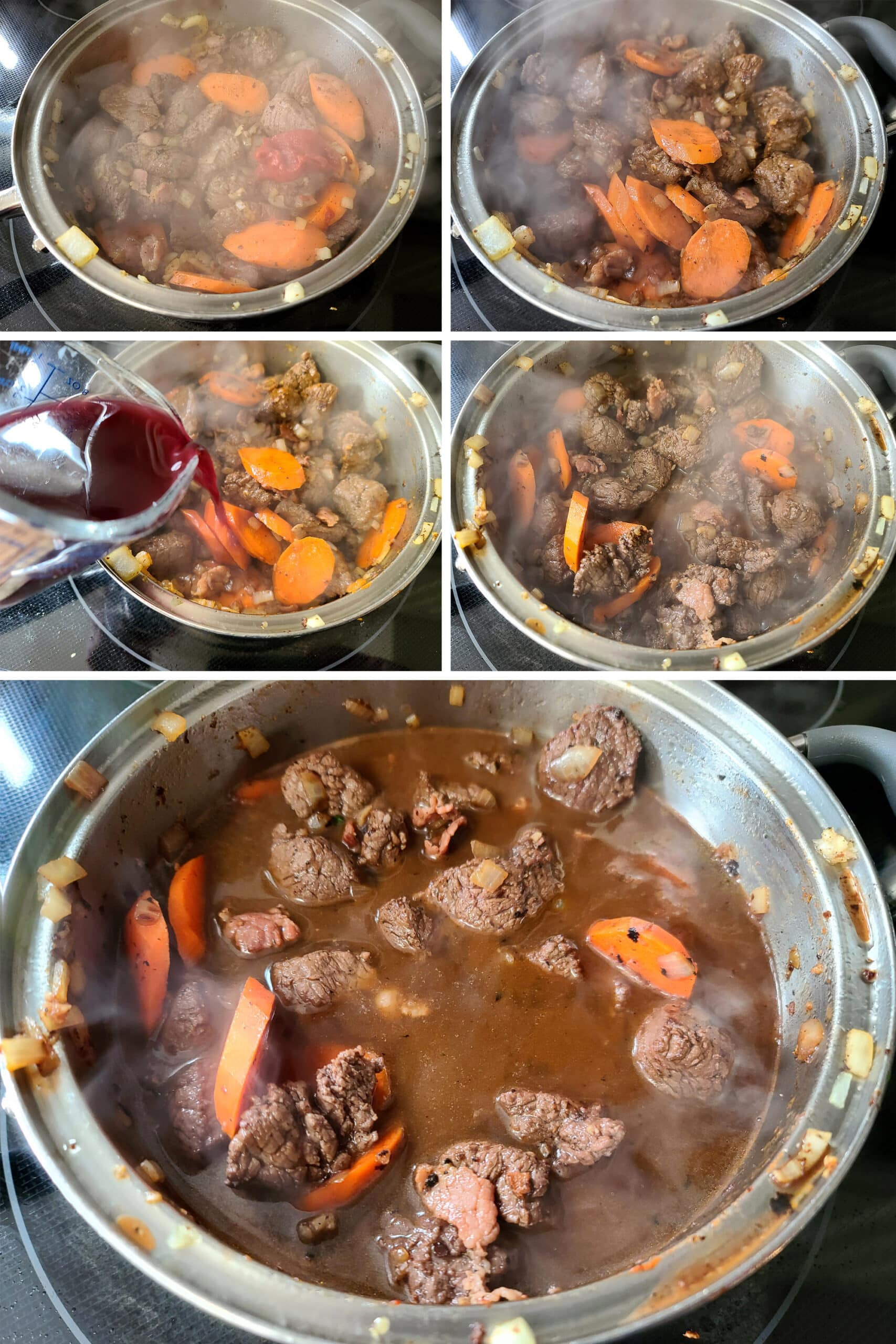 A 5 part image showing the tomato paste and wine being added to the pan, then the broth.