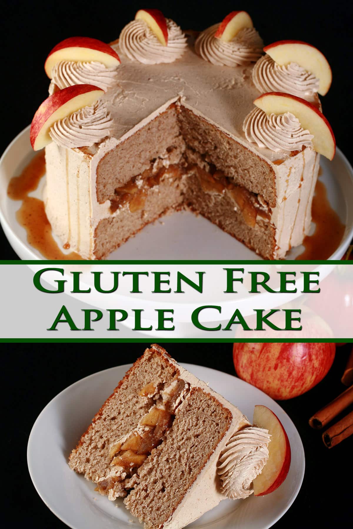 A slice of gluten-free apple cake on a plate in front of the whole gluten free apple cake.