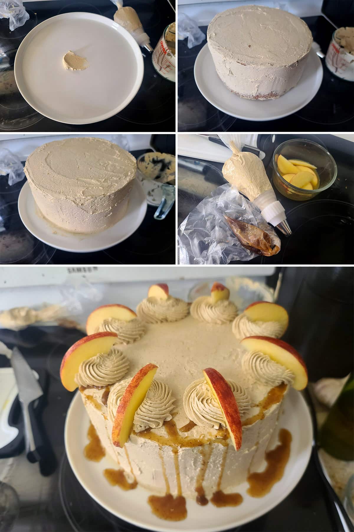 A 5 part image showing the cake being transferred to a serving plate, frosted, piped, and garnished.