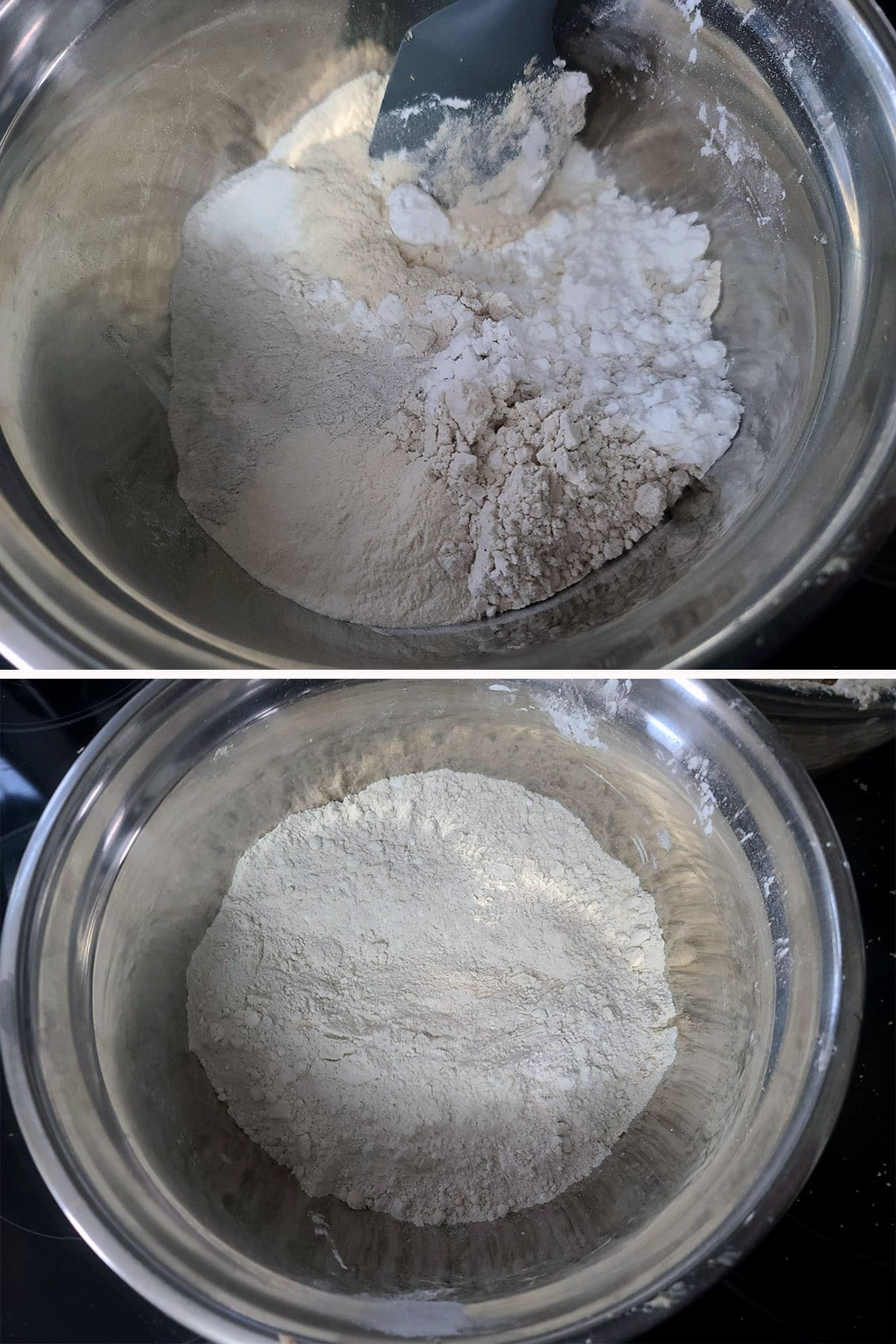 A 2 part image showing the dry ingredients being mixed together.