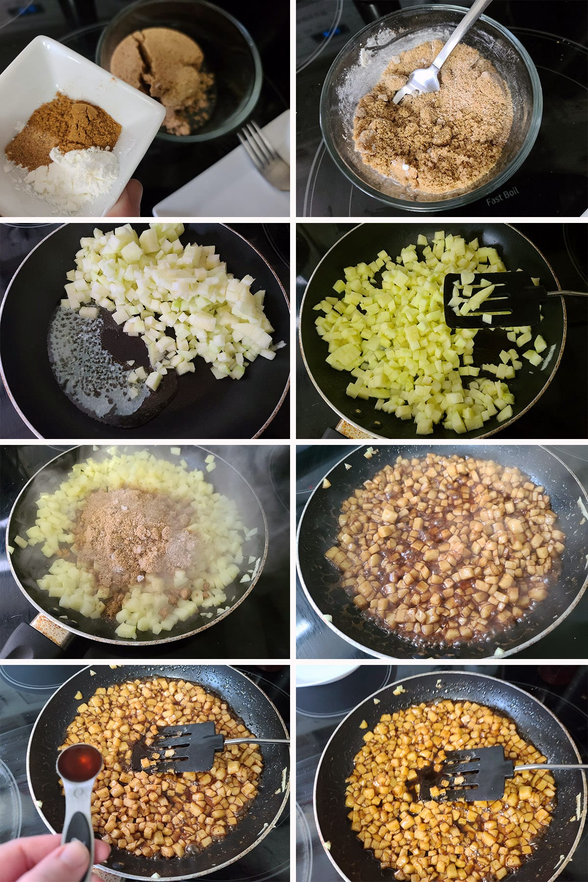 An 8 part image showing the apple filling being cooked in a pan.