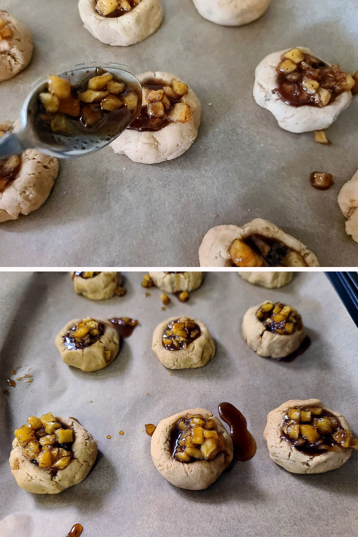 A 2 part image showing the apple filling being spooned onto the cookies.