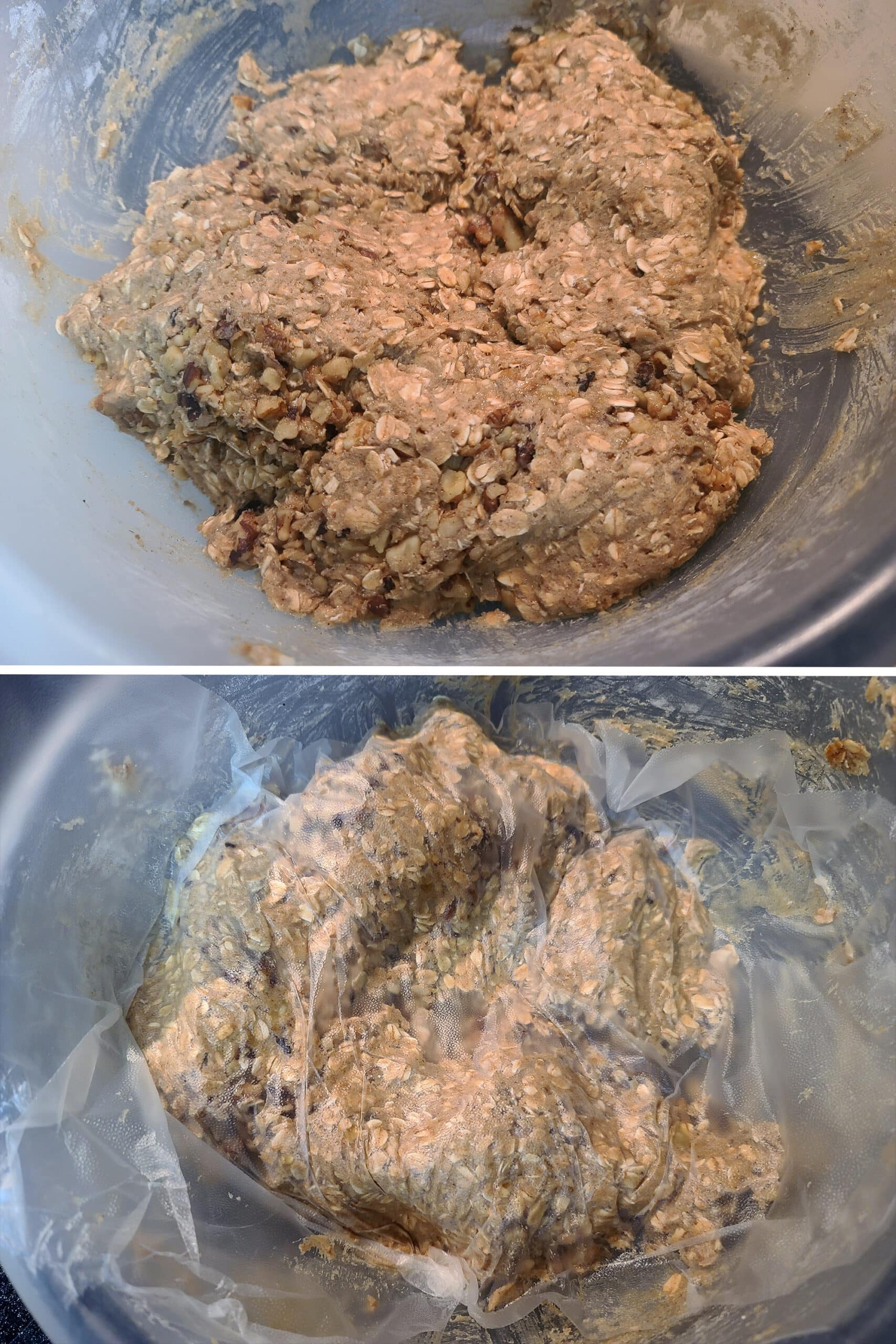 2 part image showing a bowl of gluten-free oatmeal banana cookie batter in a bowl being covered with plastic wrap.