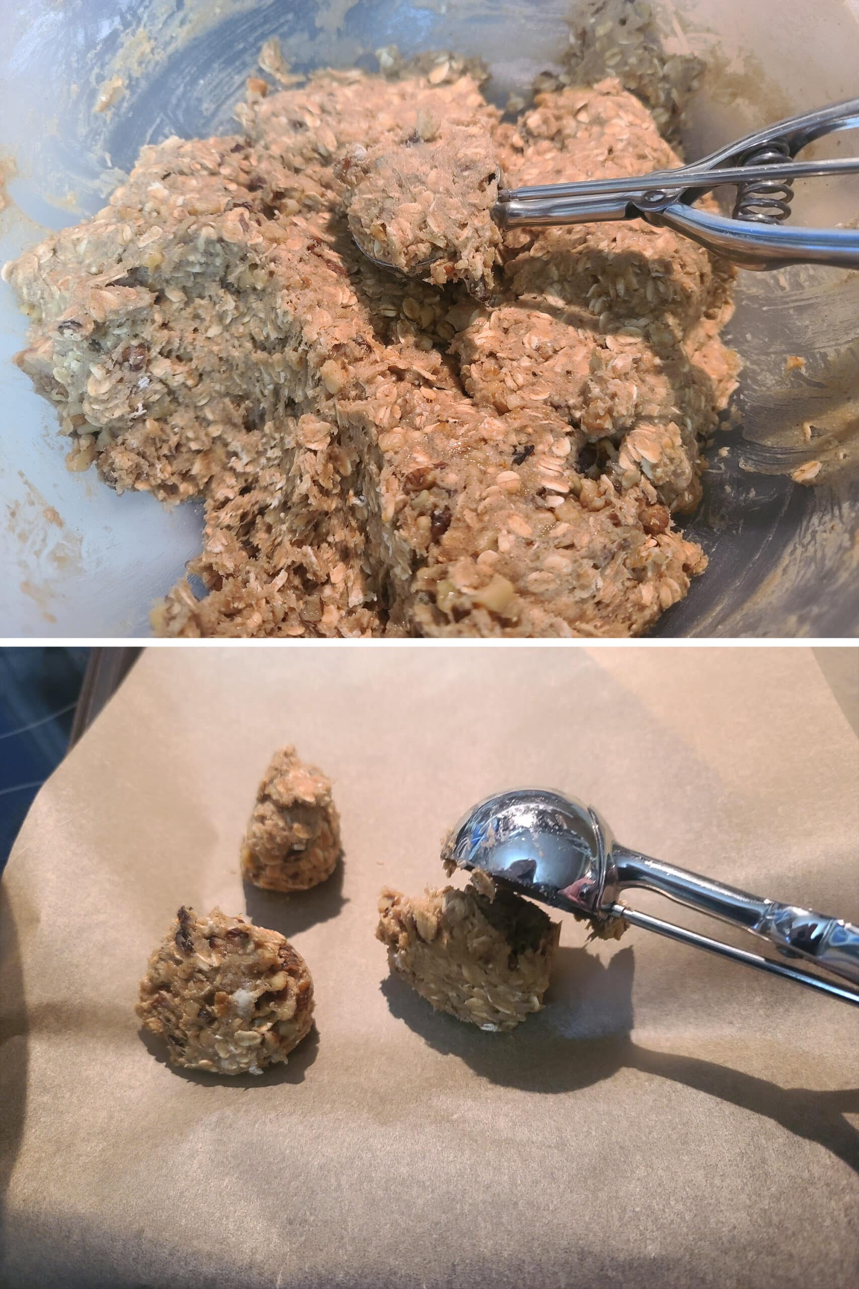 2 part image showing a cookie scoop being used to portion out balls of gluten free banana oatmeal cookie dough.
