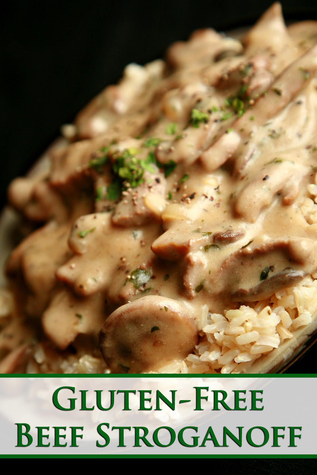 A plate of gluten-free beef stroganoff over rice.
