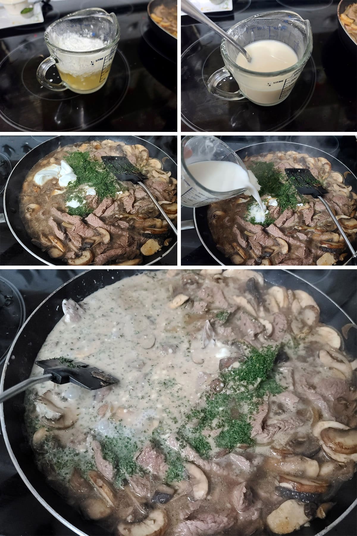 A 5 part image showing the wine slurry, sour cream, and parsley being added to the pan.