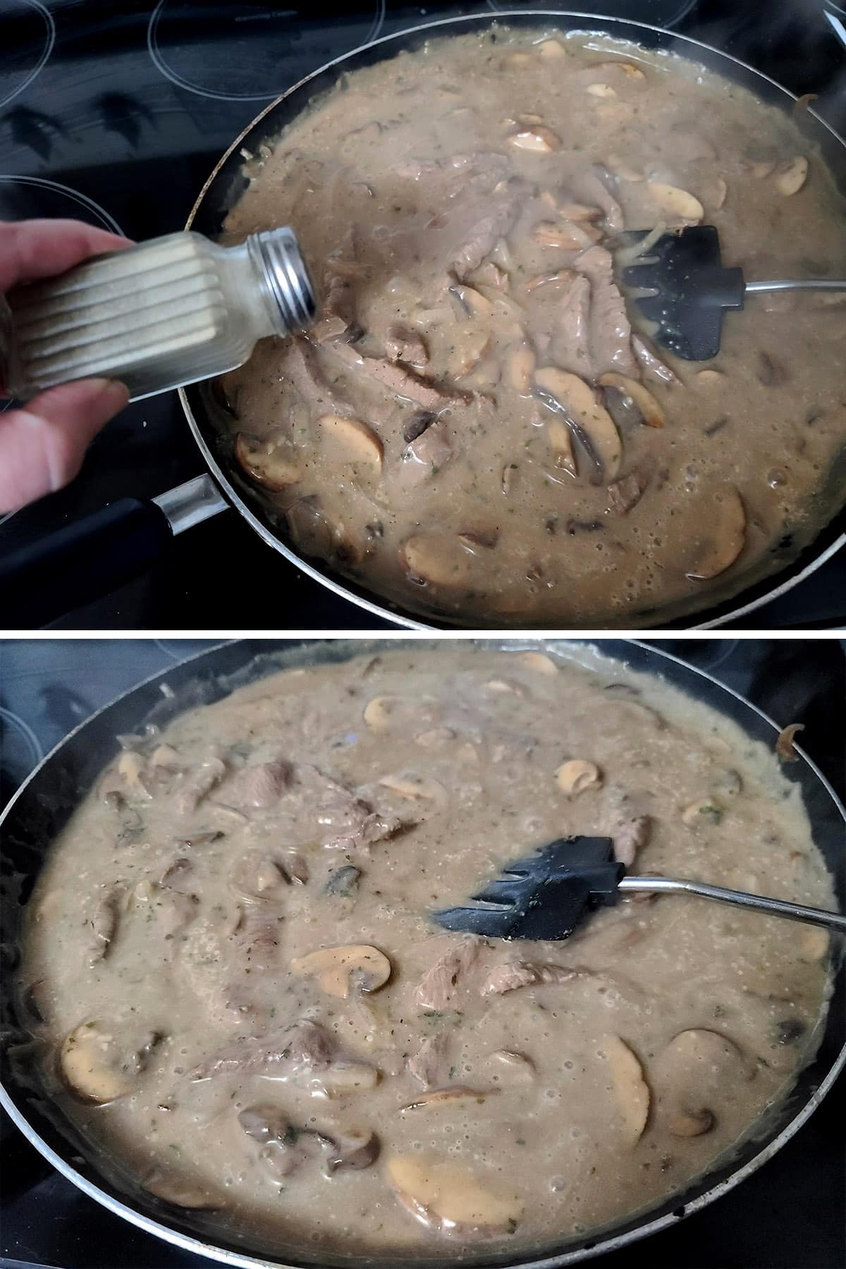 A 2 part image showing the beef stroganoff being seasoned with salt.