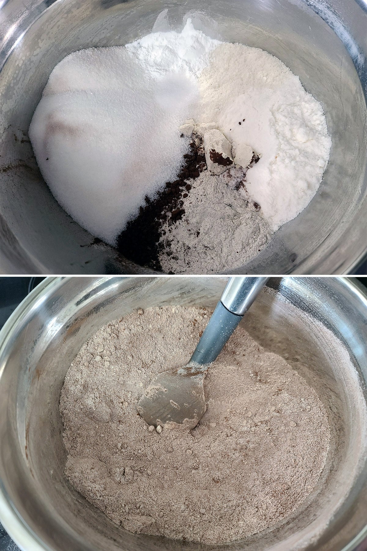 A 2 part image showing the dry ingredients being mixed together.