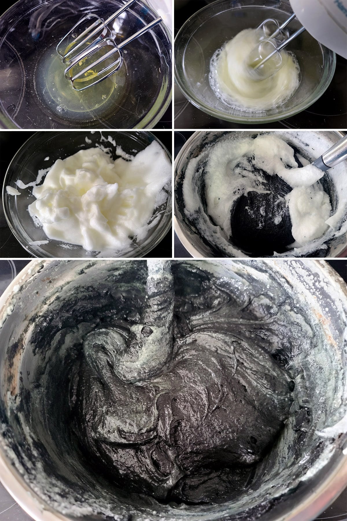 A 5 part image showing the egg whites being whipped and added to the gluten free black velvet cupcake batter.