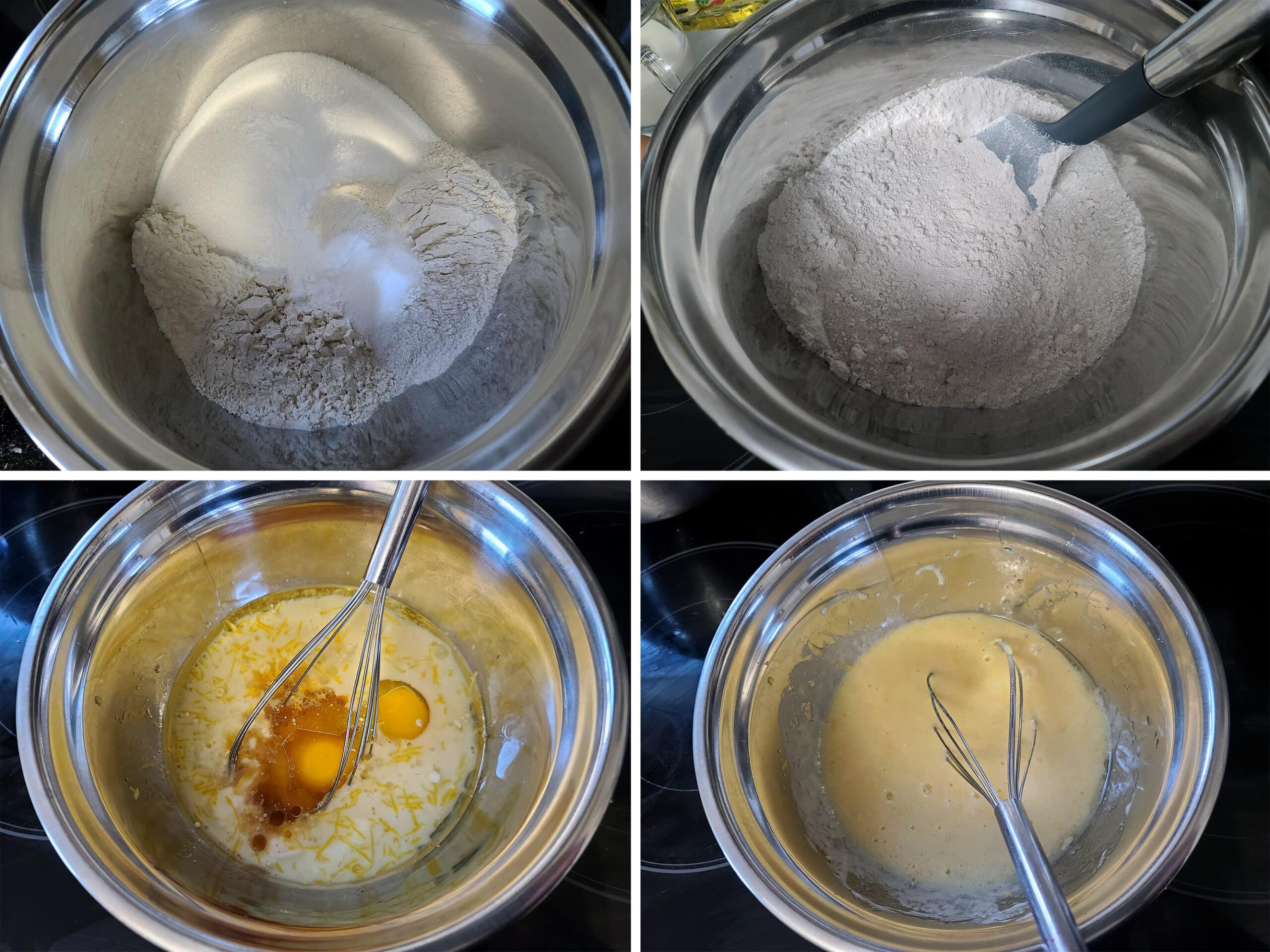 A 4 part image showing the dry ingredients and wet ingredients being mixed in separate bowls.