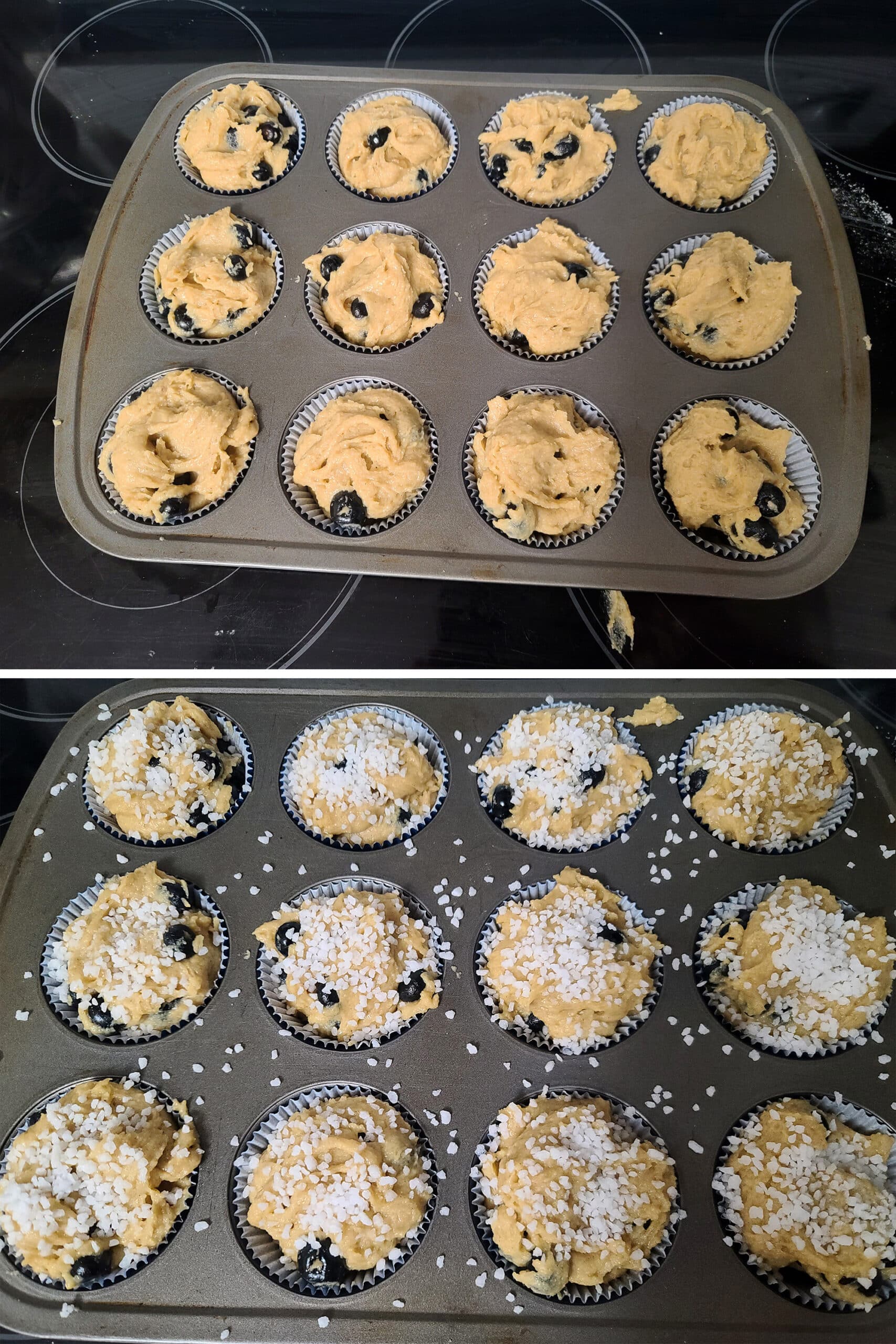 A 2 part image showing the batter in the muffin pans, before and after being sprinkled with coarse sugar.