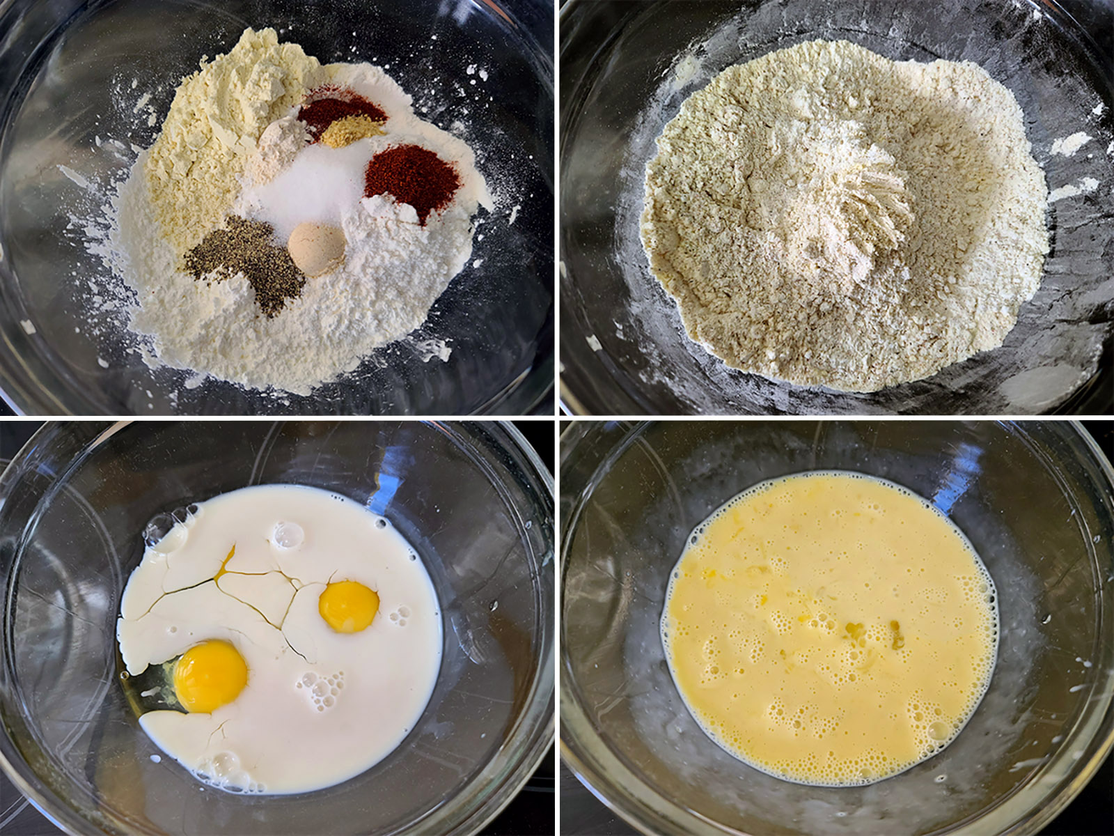A 4 part image showing the wet ingredients bowl and the dry ingredients bowls being assembled.