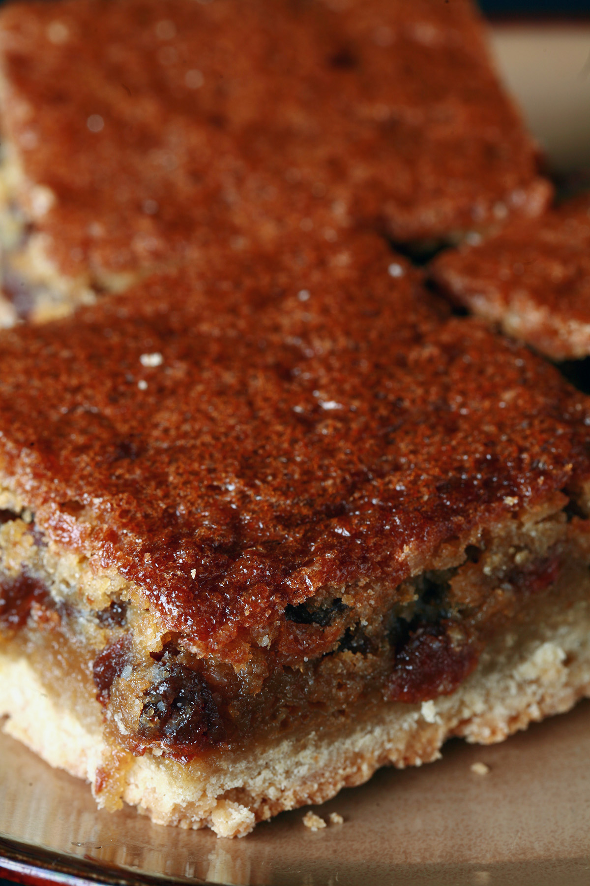 Close up view of a plate of gluten free butter tart bars.