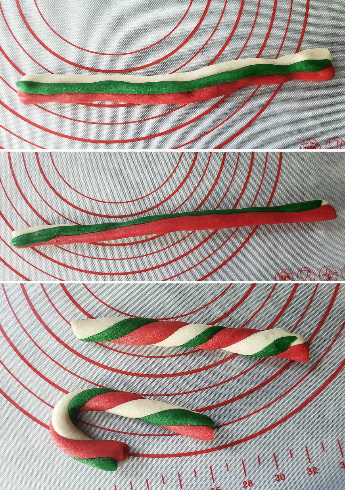 A 3 photo collage of images demonstrating the first rolling technique described.