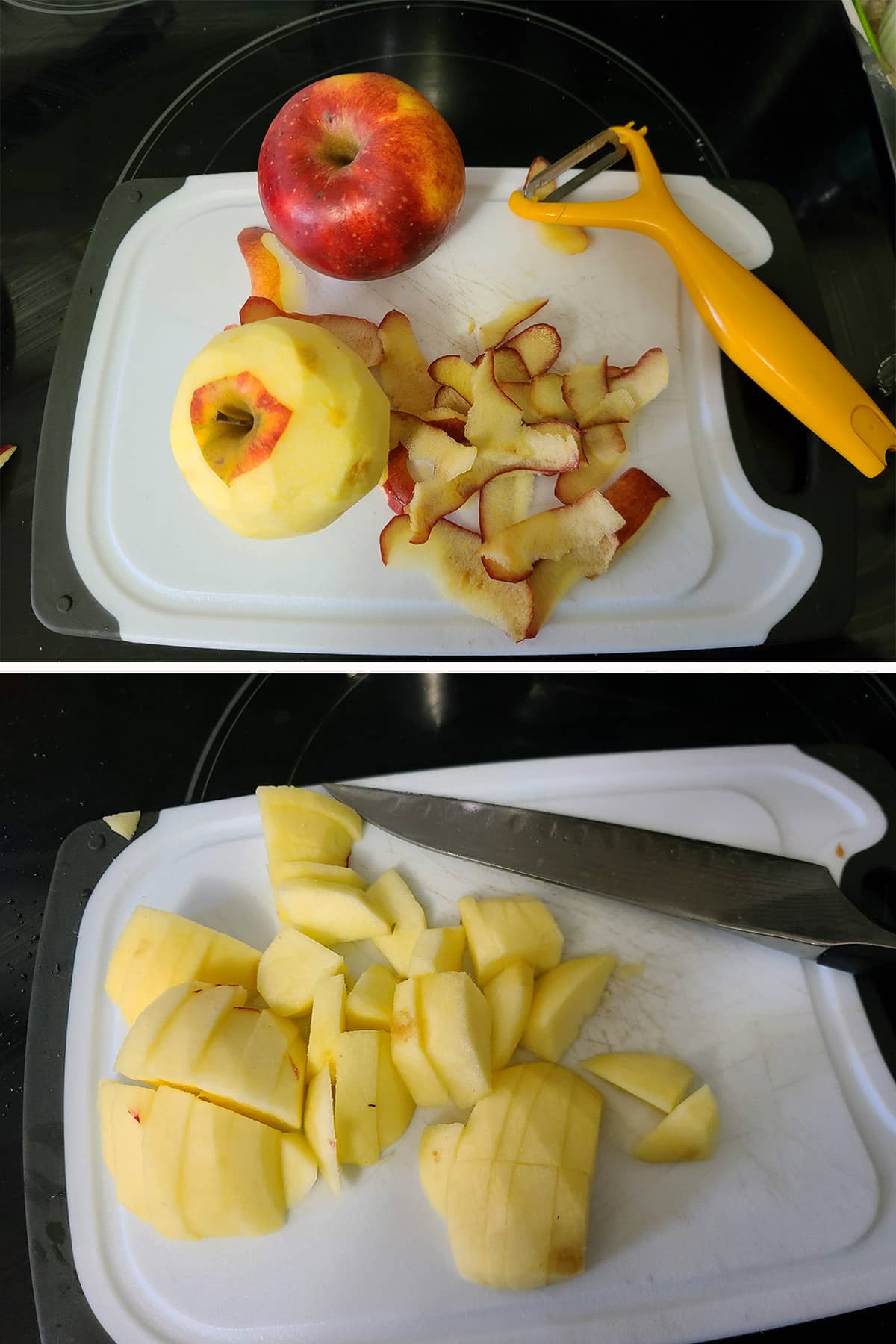 A 2 part image showing an apple being peeled and chopped.
