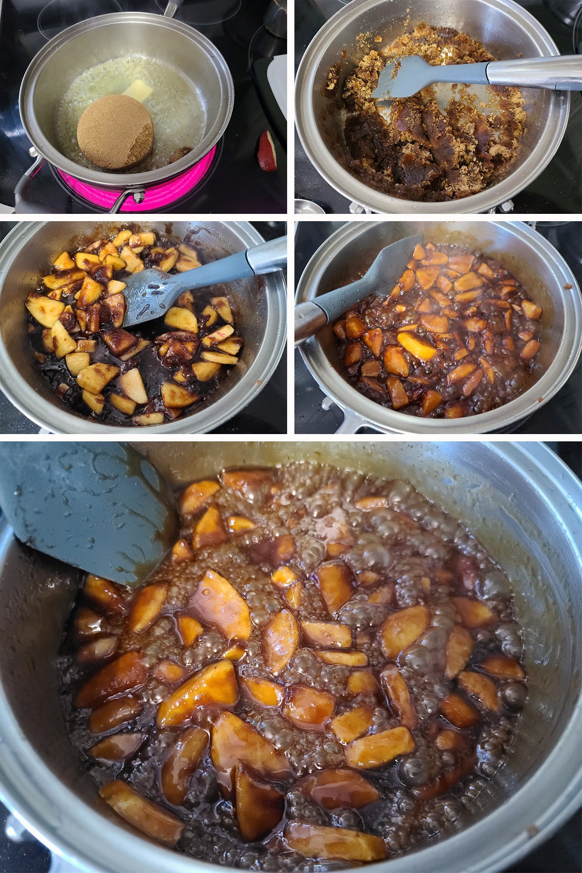 A 5 part image showing the apples being cooked into a caramel sauce.