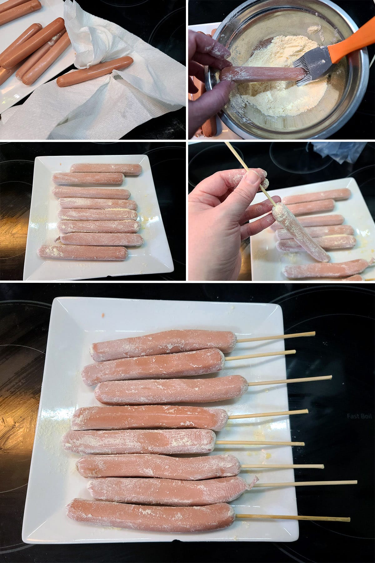 A 5 part image showing the weiners being dusted with corn flour and speared with skewers.