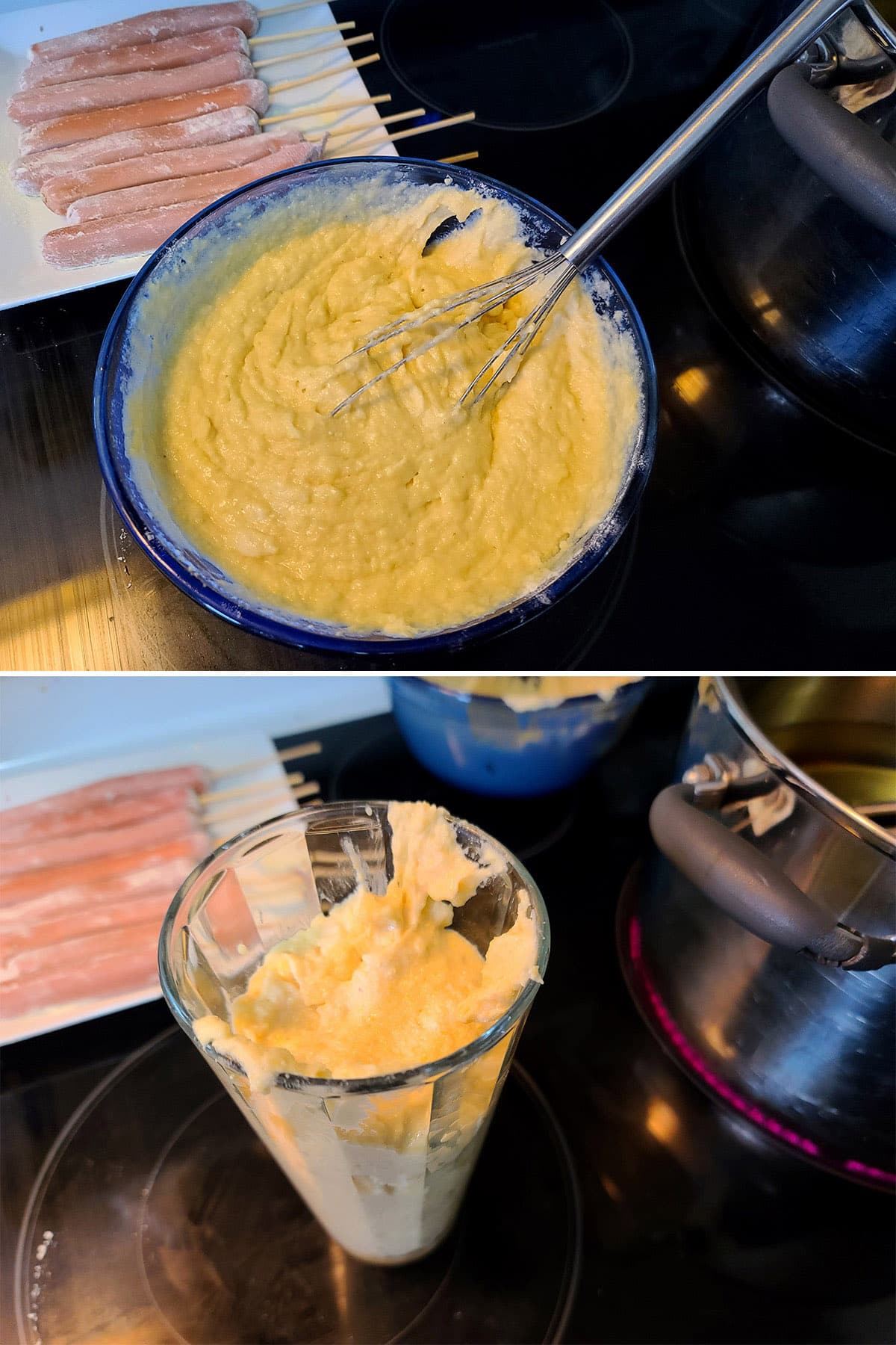 A 2 part image showing the batter being stirred, then placed in a tall glass.