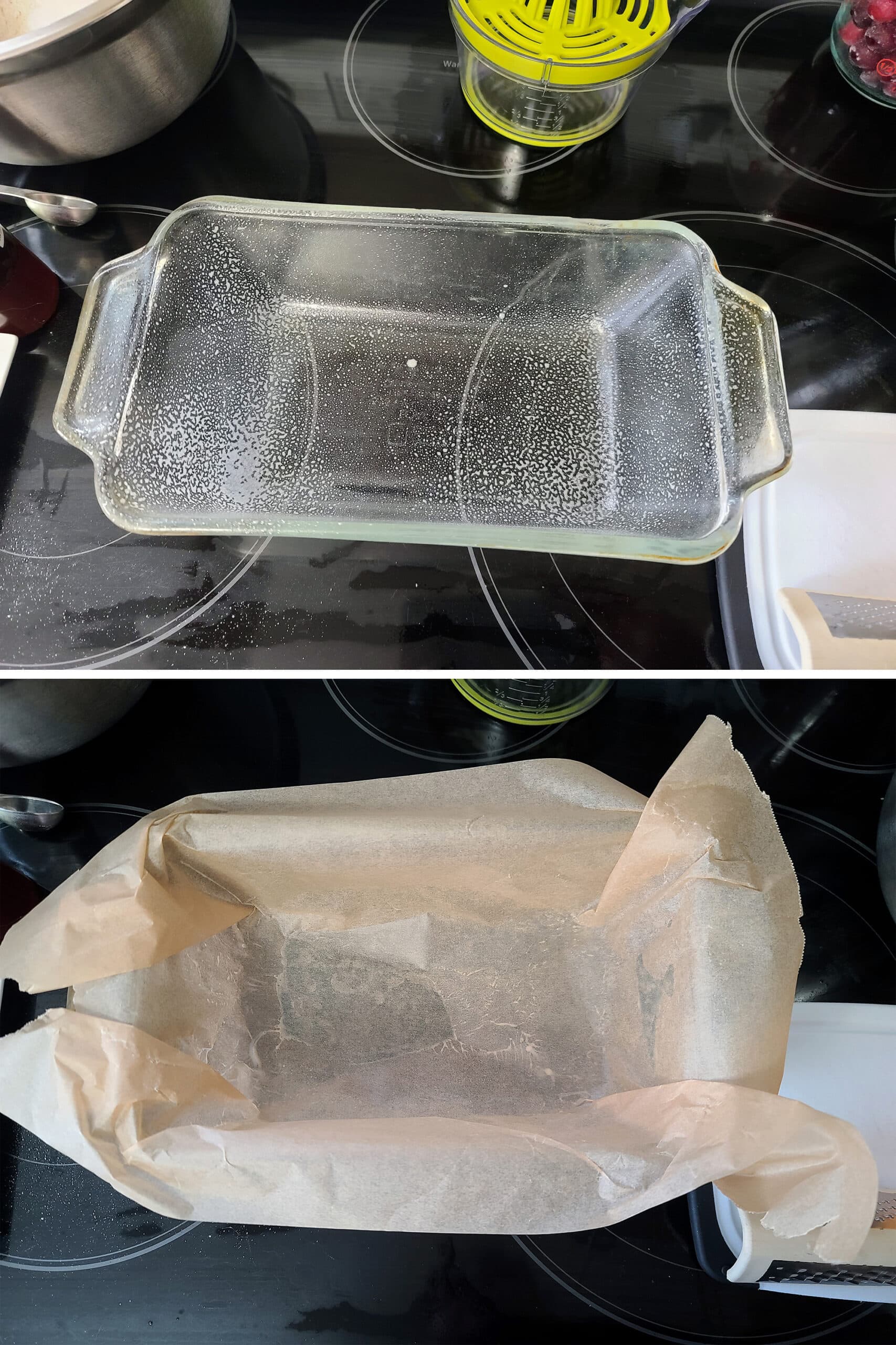 A two part image showing a glass loaf pan thatโs been sprayed with pan spray, then lined with parchment paper.