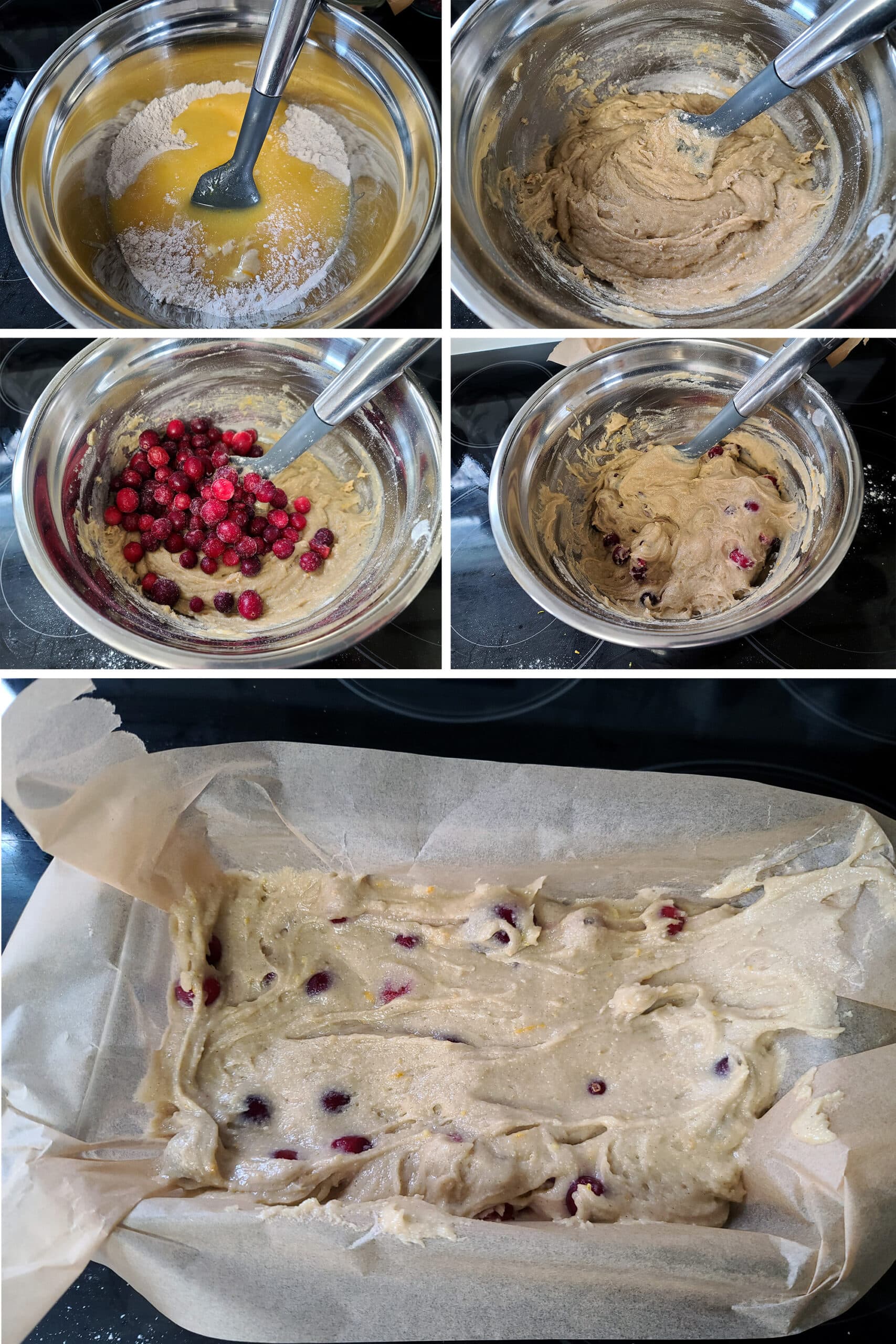 A 5 part image showing the batter being mixed, the cranberries folded in, and the batter spread in the prepared loaf pan.