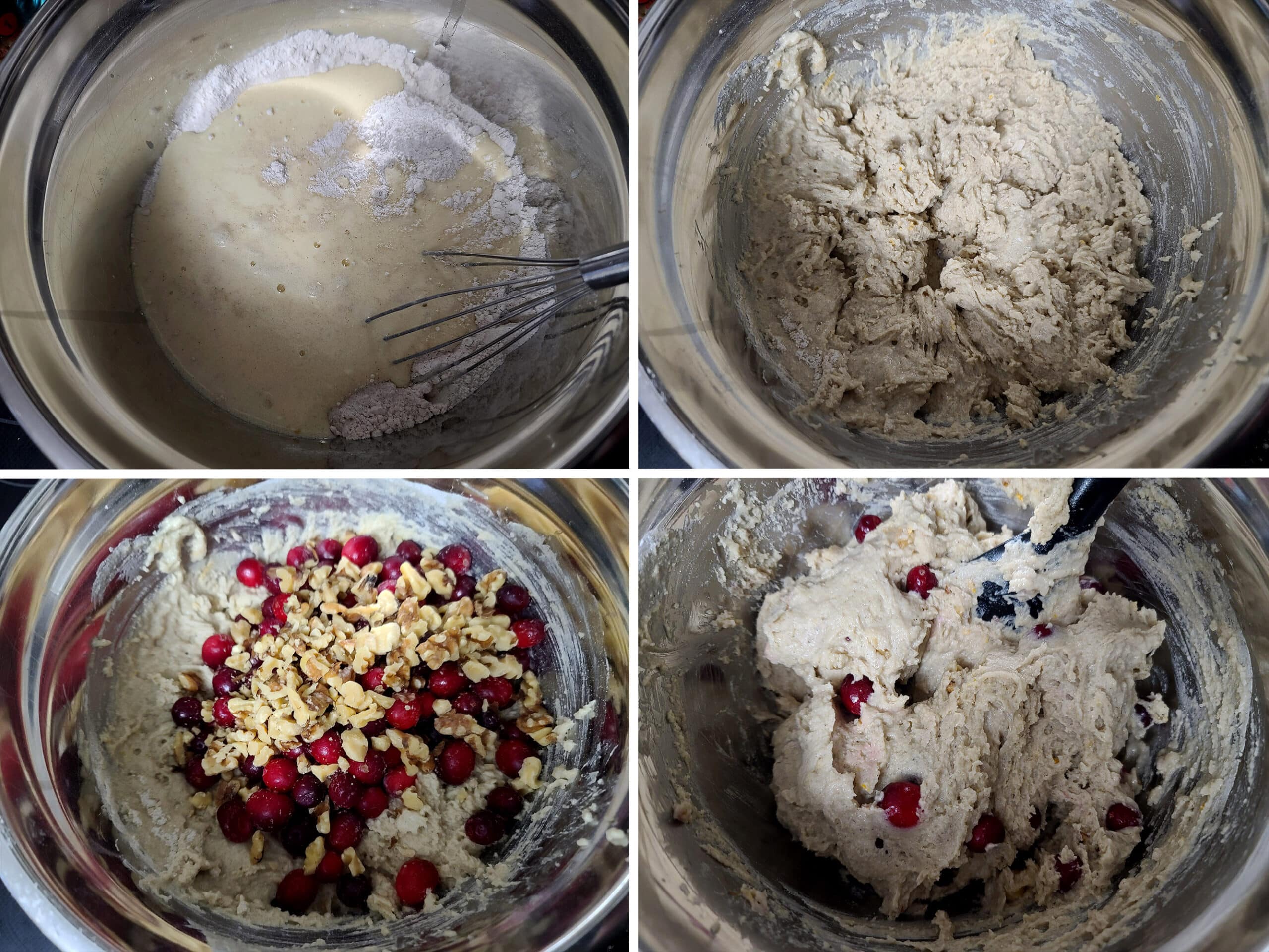 4 part image showing the wet and dry ingredients being mixed together, then the cranberries and walnuts stirred in.
