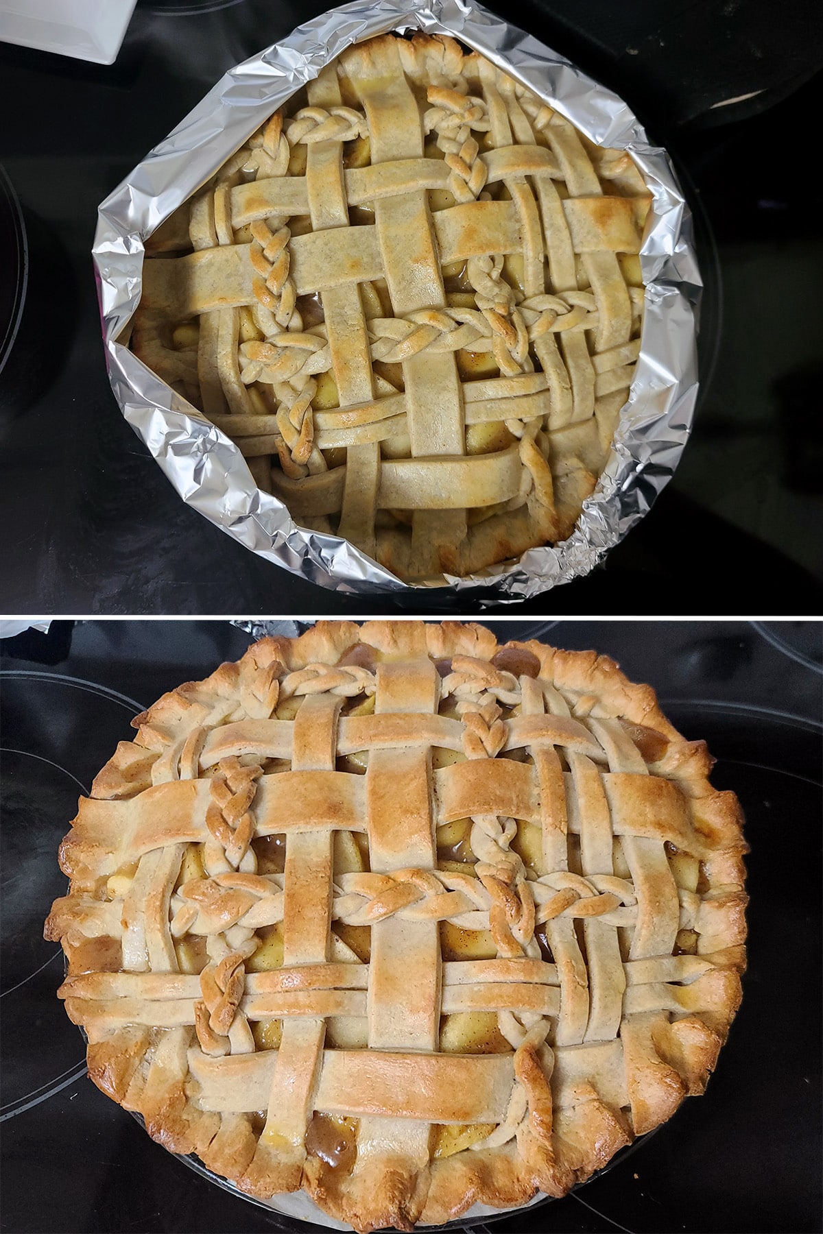 A 2 part image showing foil around the outer edge of a partially baked pie, then the fully baked pie without foil.