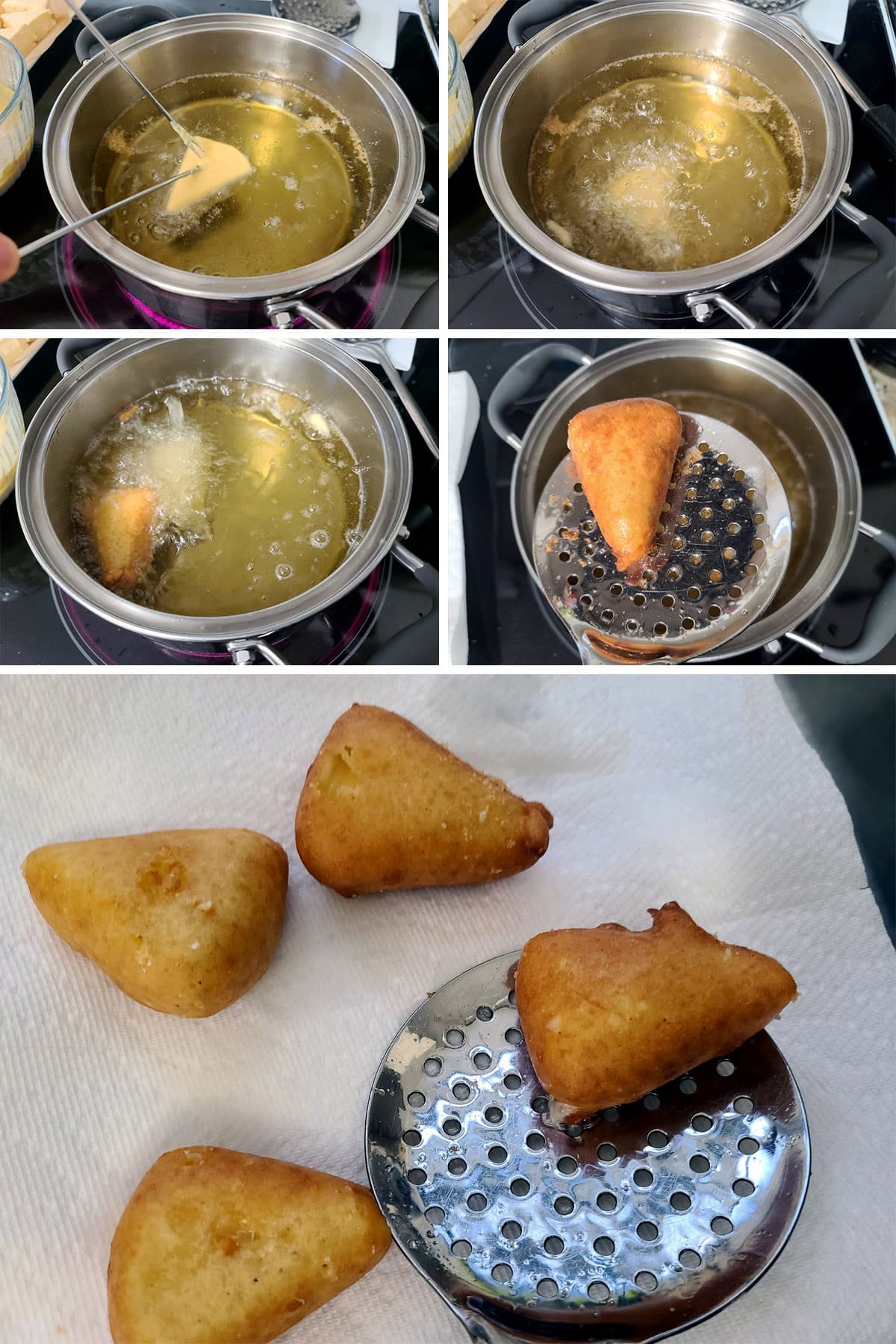 A 5 part image showing the battered brie being deep fried, removed from the oil, and drained on paper towels.