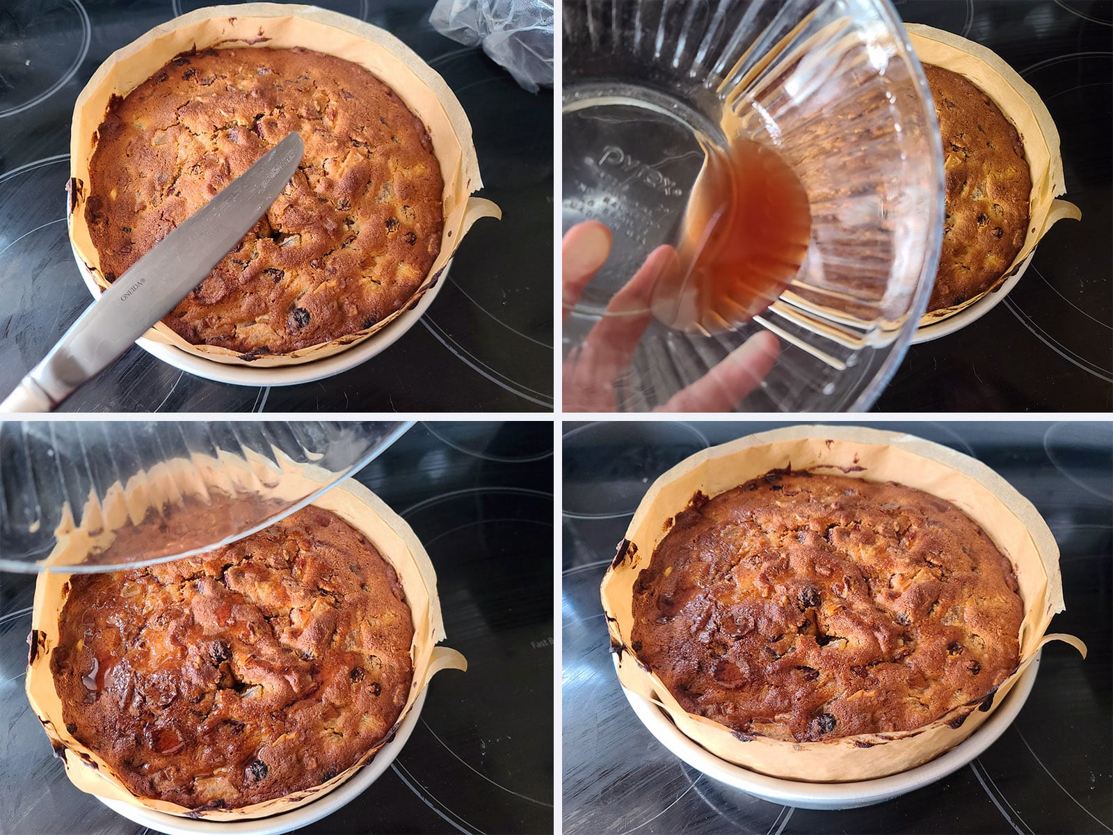 A 4 part image showing the cake being tested for doneness and the soaking liquid being poured over it.