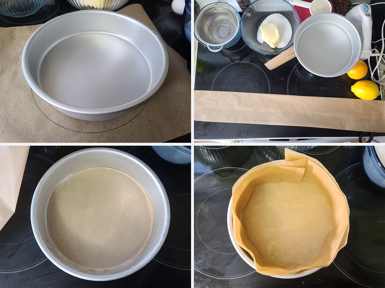 A 4 part image showing a round cake pan being lined with parchment paper.