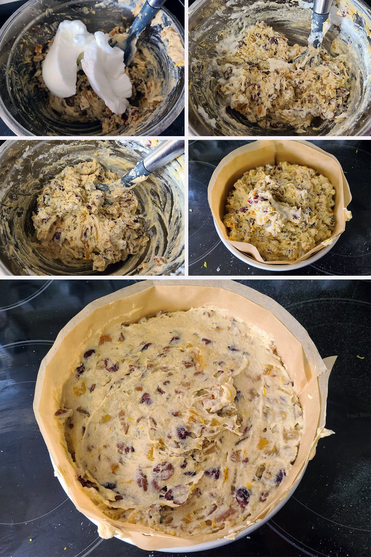 A 5 part image showing the egg whites being folded into the batter and the batter spread in the prepared cake pan.